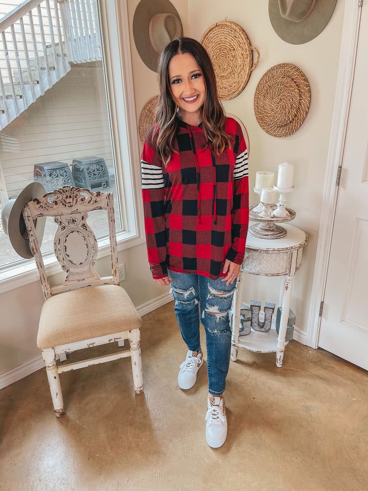 Mutual Attraction Striped Arm Pullover Hoodie in Red Buffalo Plaid - Giddy Up Glamour Boutique