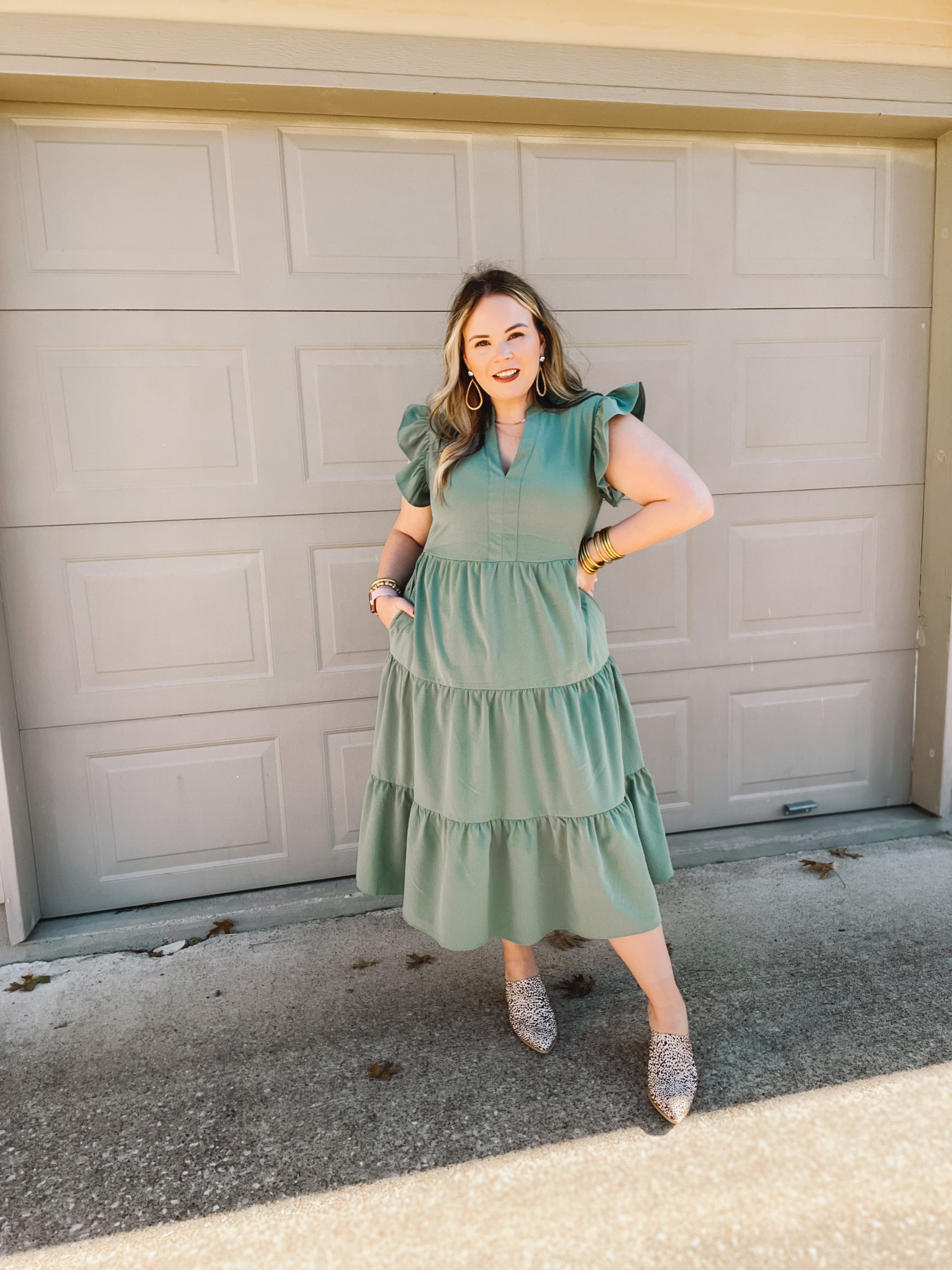 Magnolia Morning Ruffle Cap Sleeve Tiered Midi Dress in Dusty Sage Green - Giddy Up Glamour Boutique