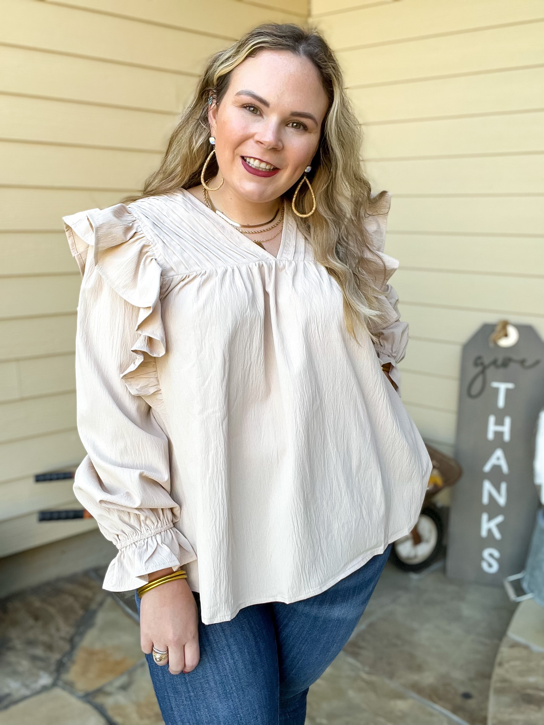 Coffee Perks Ruffle Detail Long Sleeve Top in Ivory - Giddy Up Glamour Boutique