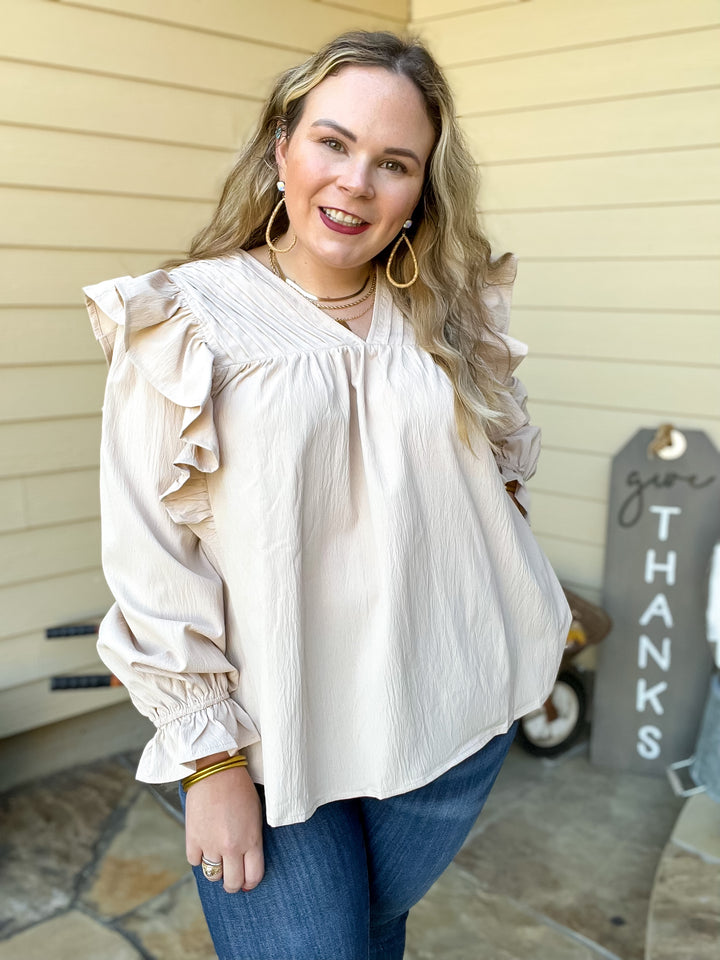 Coffee Perks Ruffle Detail Long Sleeve Top in Ivory - Giddy Up Glamour Boutique