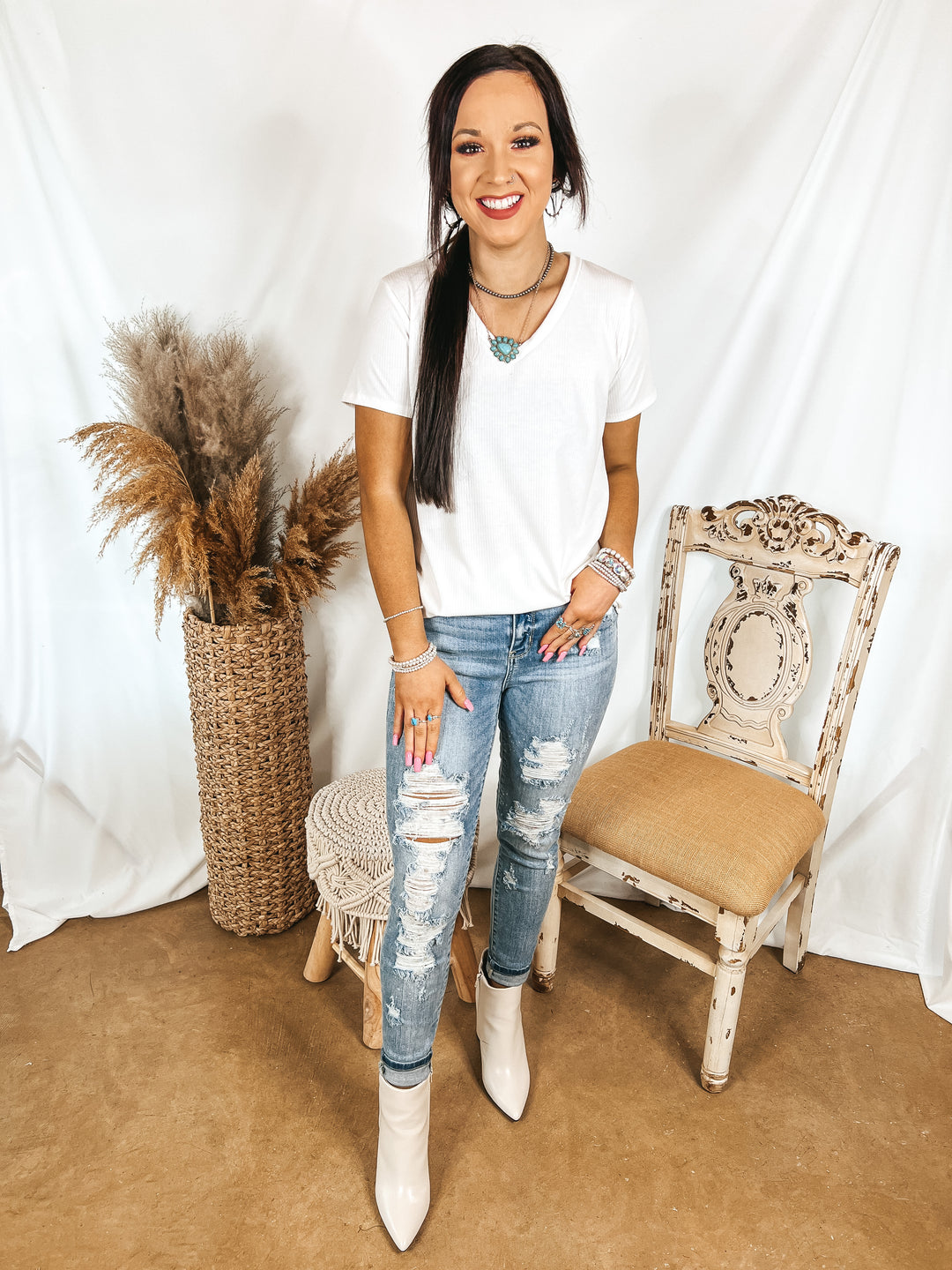 Simply Obsessed Ribbed Short Sleeve V Neck Top in Off White - Giddy Up Glamour Boutique