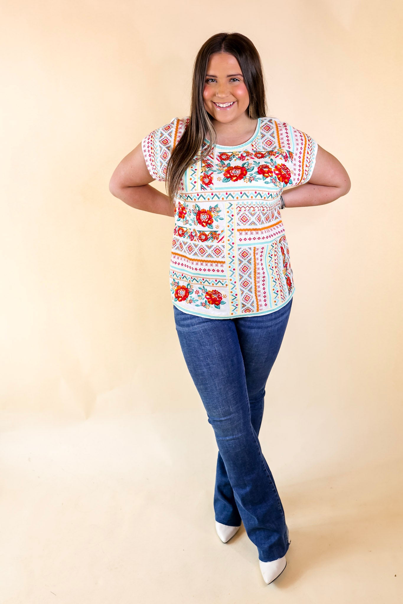 Sonoma Valley Bright Embroidered Short Sleeve Top in White - Giddy Up Glamour Boutique