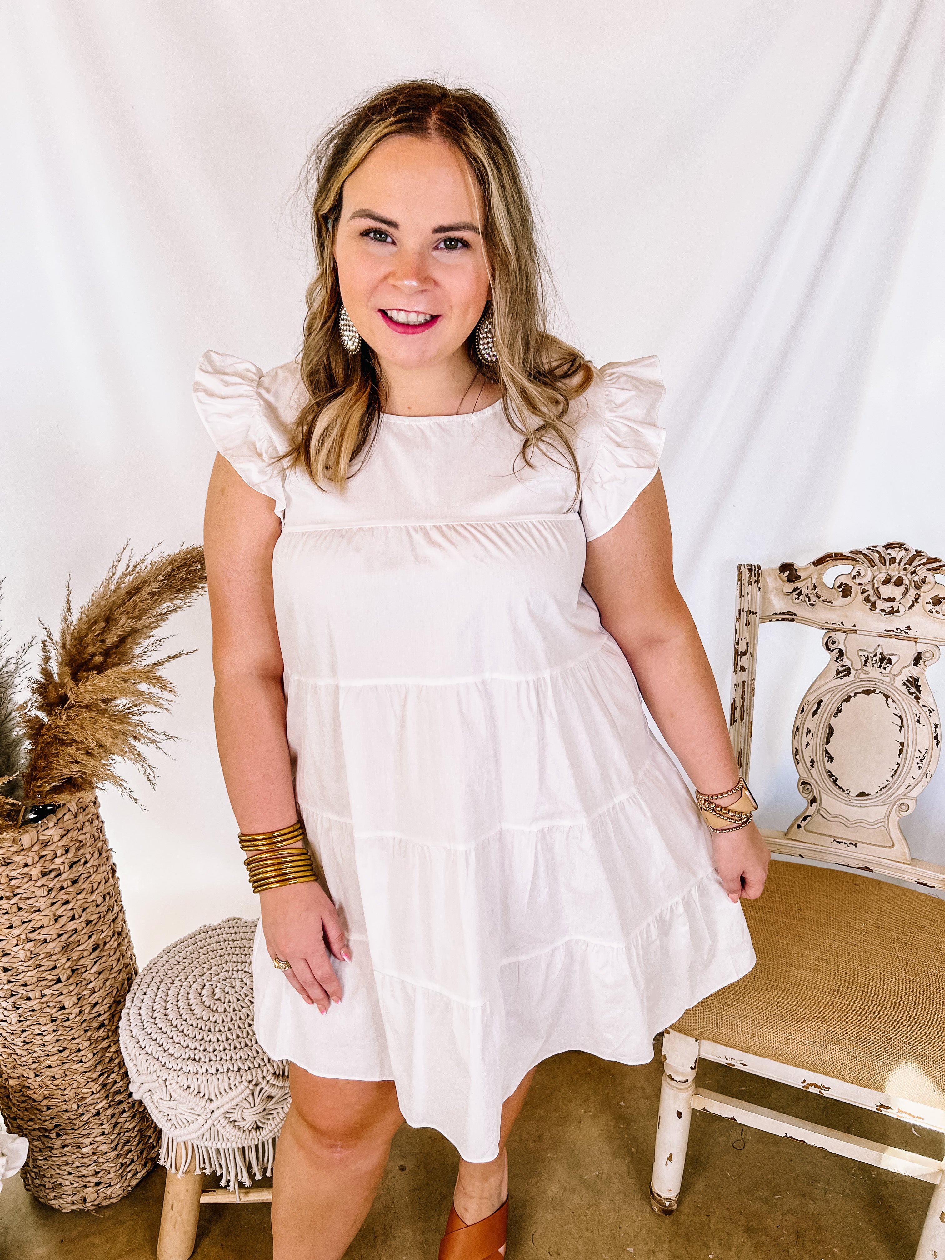 Choose Confidence Ruffle Cap Sleeve Tiered Dress in White - Giddy Up Glamour Boutique