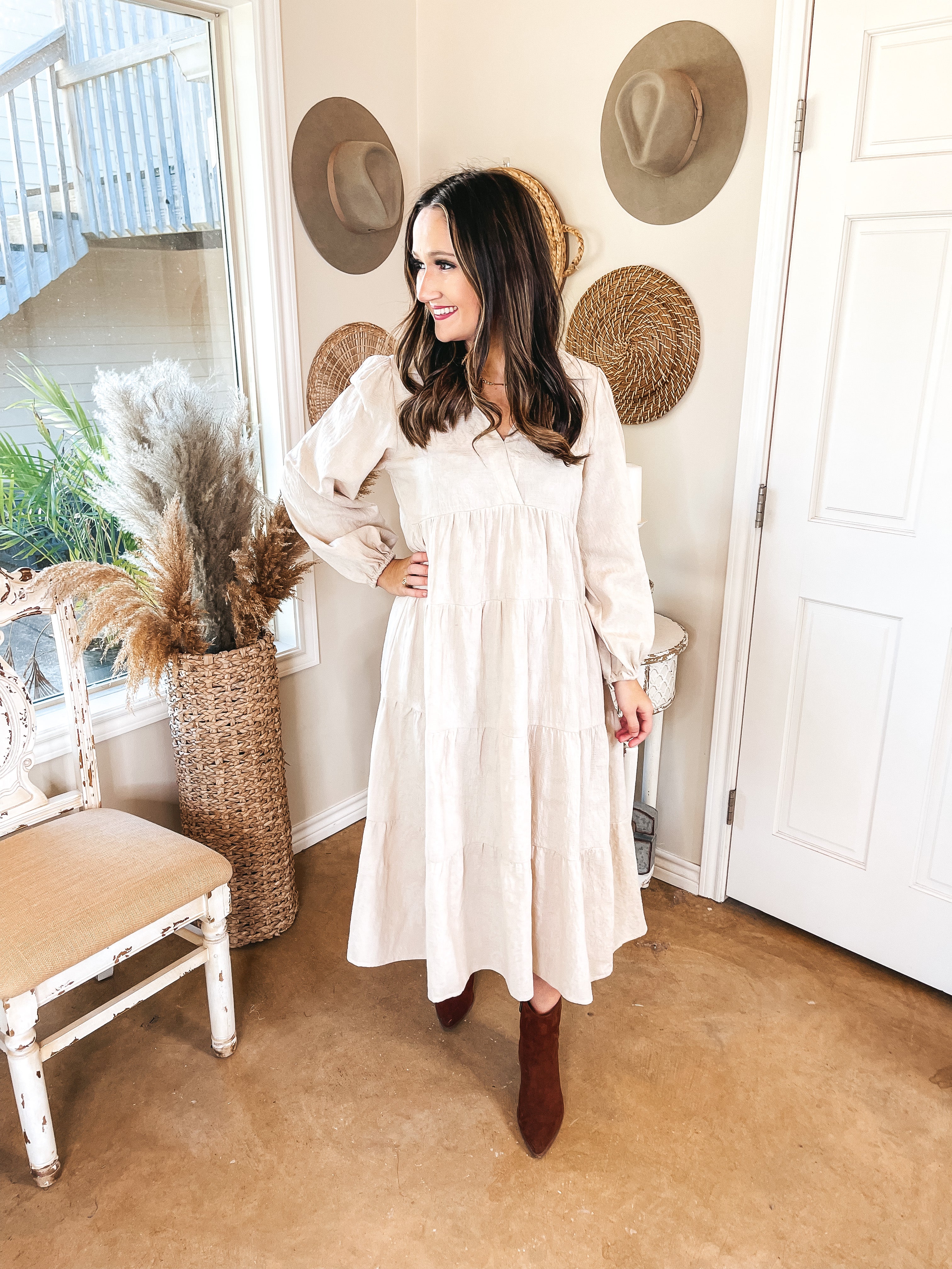 Sweet Glances Long Sleeve Tiered Midi Dress in Stone - Giddy Up Glamour Boutique