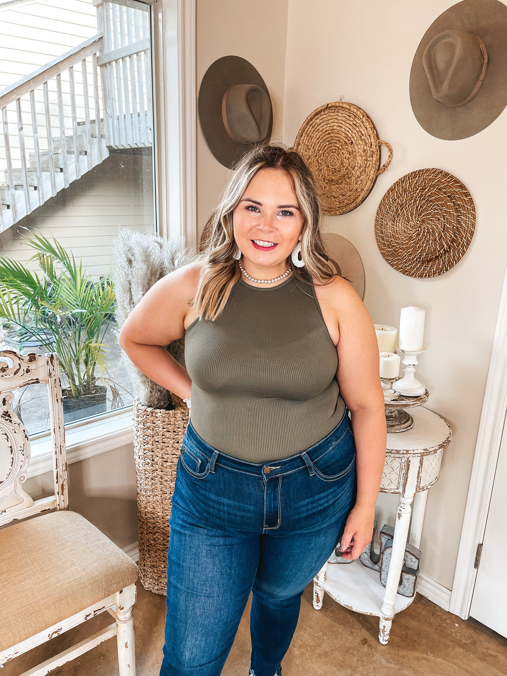 On the Lookout High Neck Ribbed Tank Top Bodysuit in Olive Green - Giddy Up Glamour Boutique