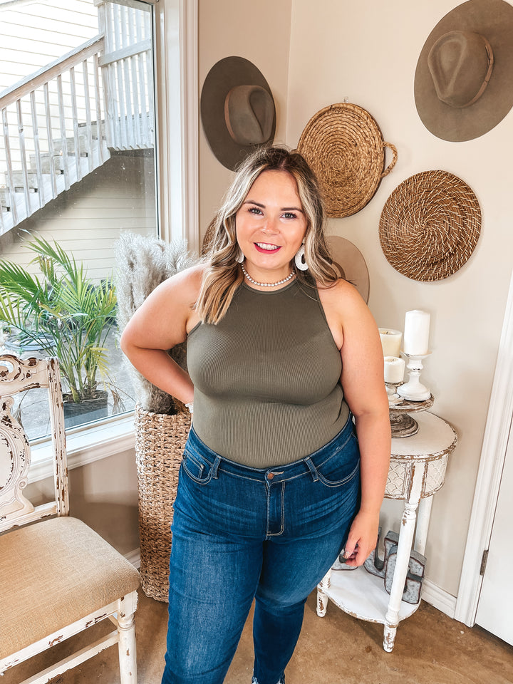 On the Lookout High Neck Ribbed Tank Top Bodysuit in Olive Green - Giddy Up Glamour Boutique