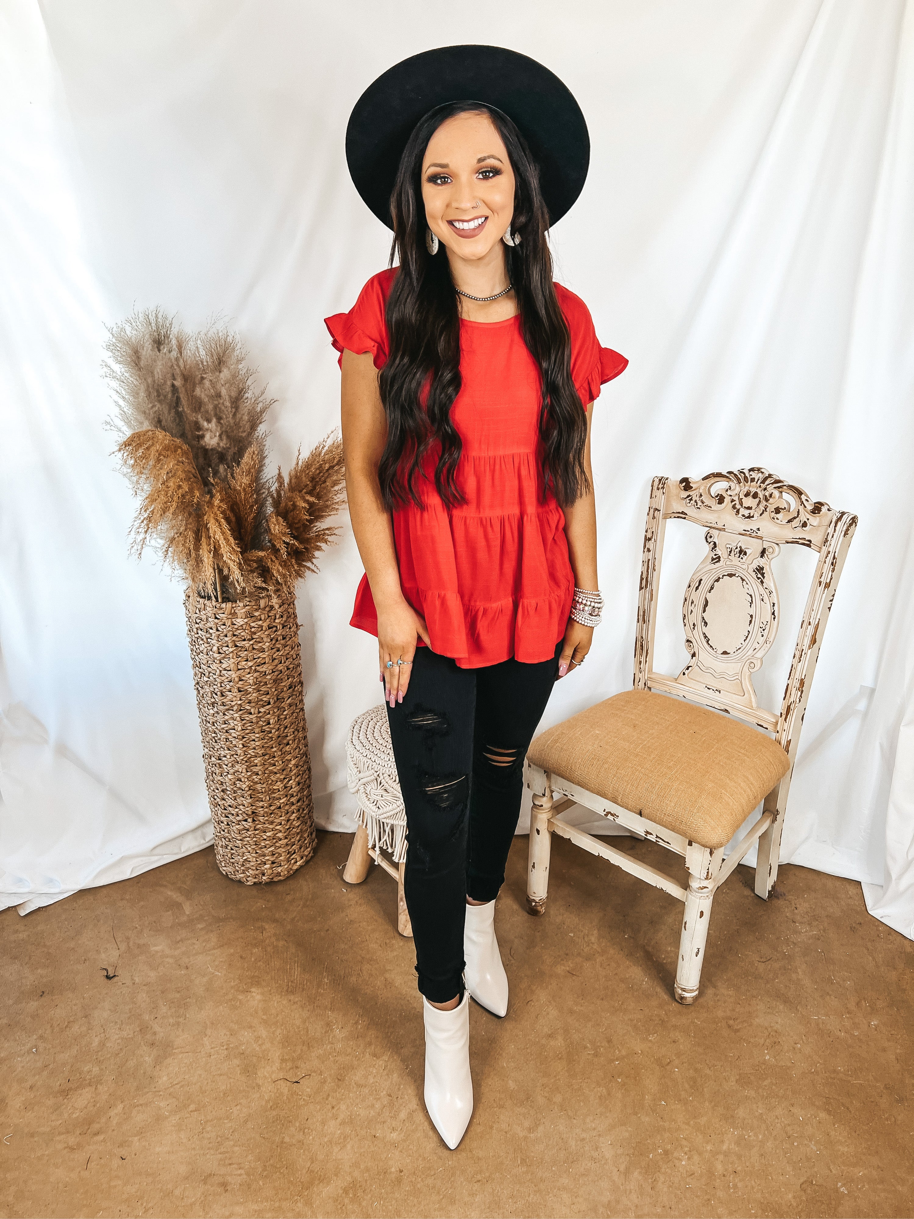 Belong To You Tiered Top with Ruffle Cap Sleeves in Red - Giddy Up Glamour Boutique