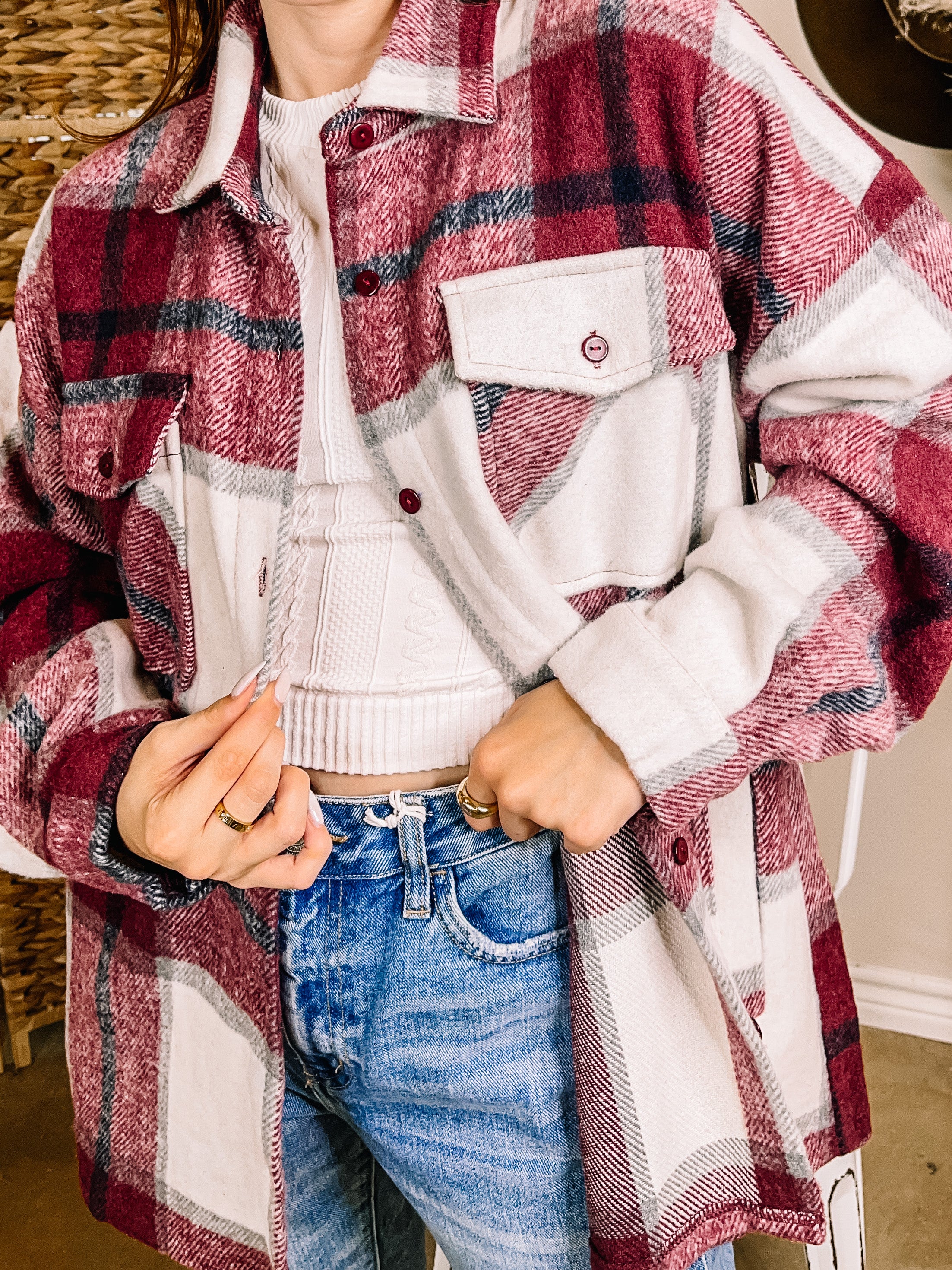 Cozy Memories Plaid Jacket with Front Pockets in Maroon - Giddy Up Glamour Boutique