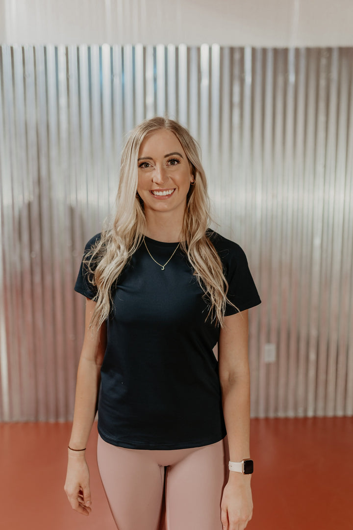 Breaking Records Fitted Short Sleeve Active Top in Black - Giddy Up Glamour Boutique