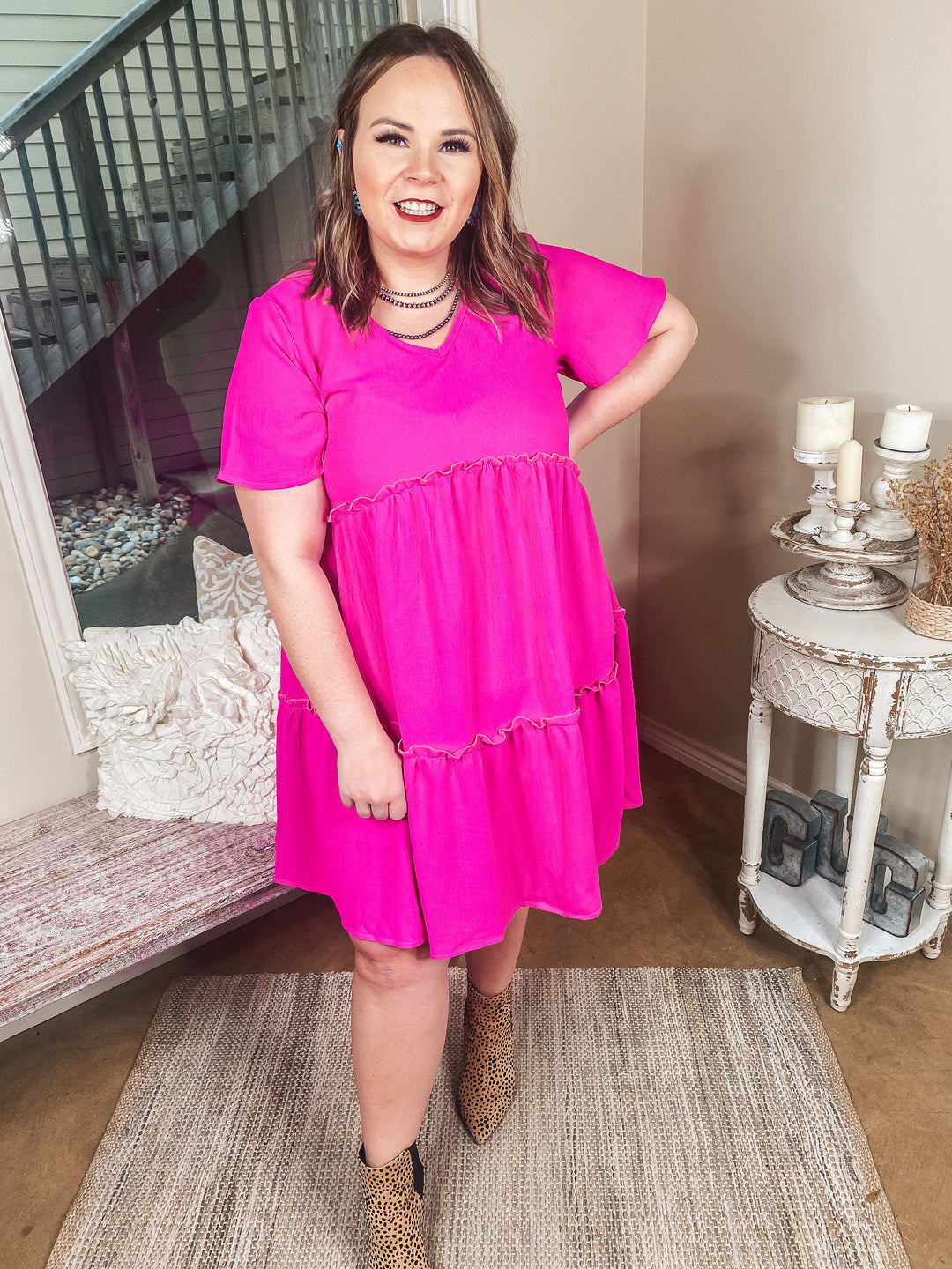 Waiting For Wednesday Short Sleeve Tiered Babydoll Dress in Fuchsia Pink - Giddy Up Glamour Boutique