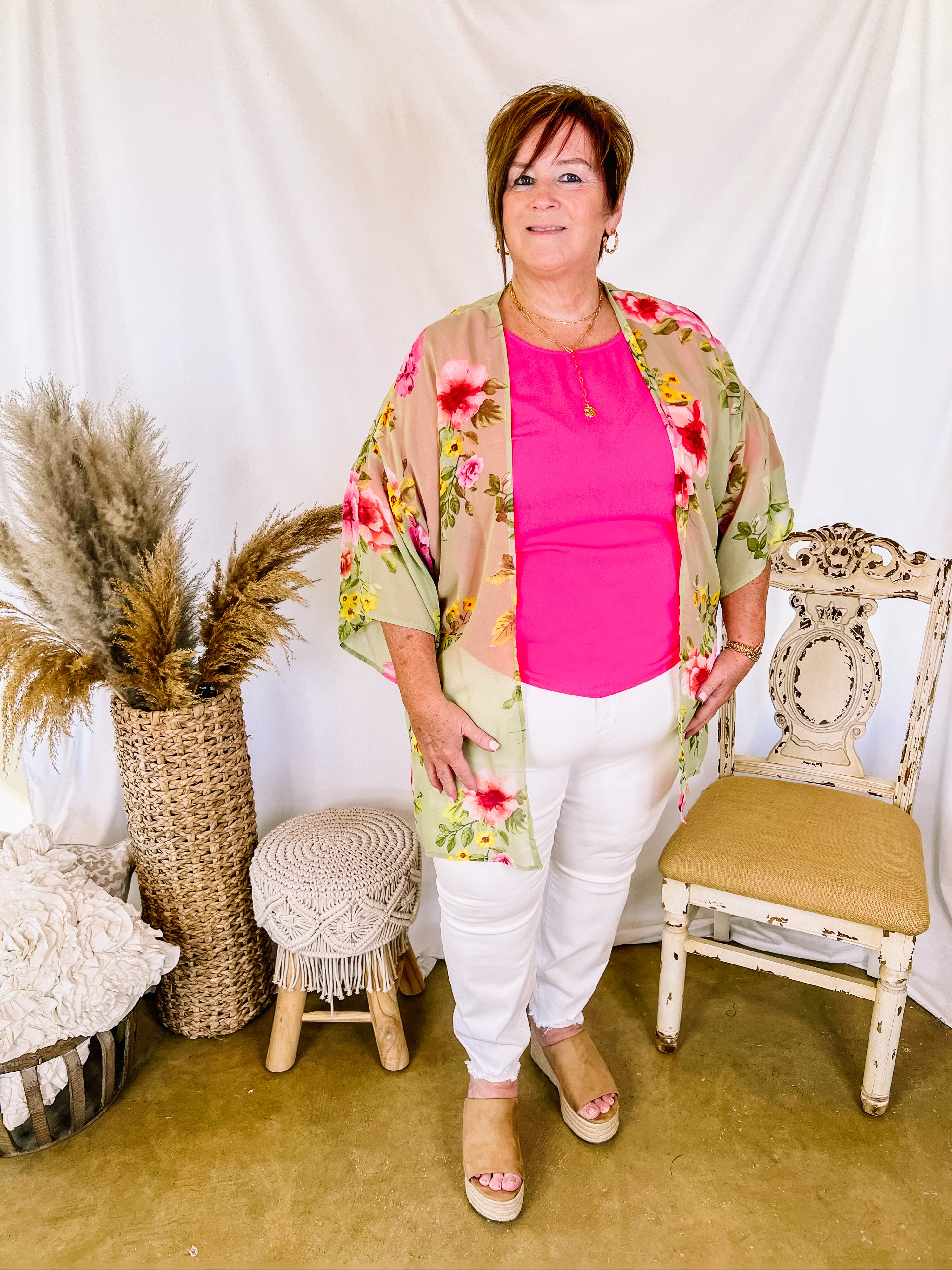 Forever Friends Floral Print Short Sleeve Kimono in Dusty Sage Green - Giddy Up Glamour Boutique