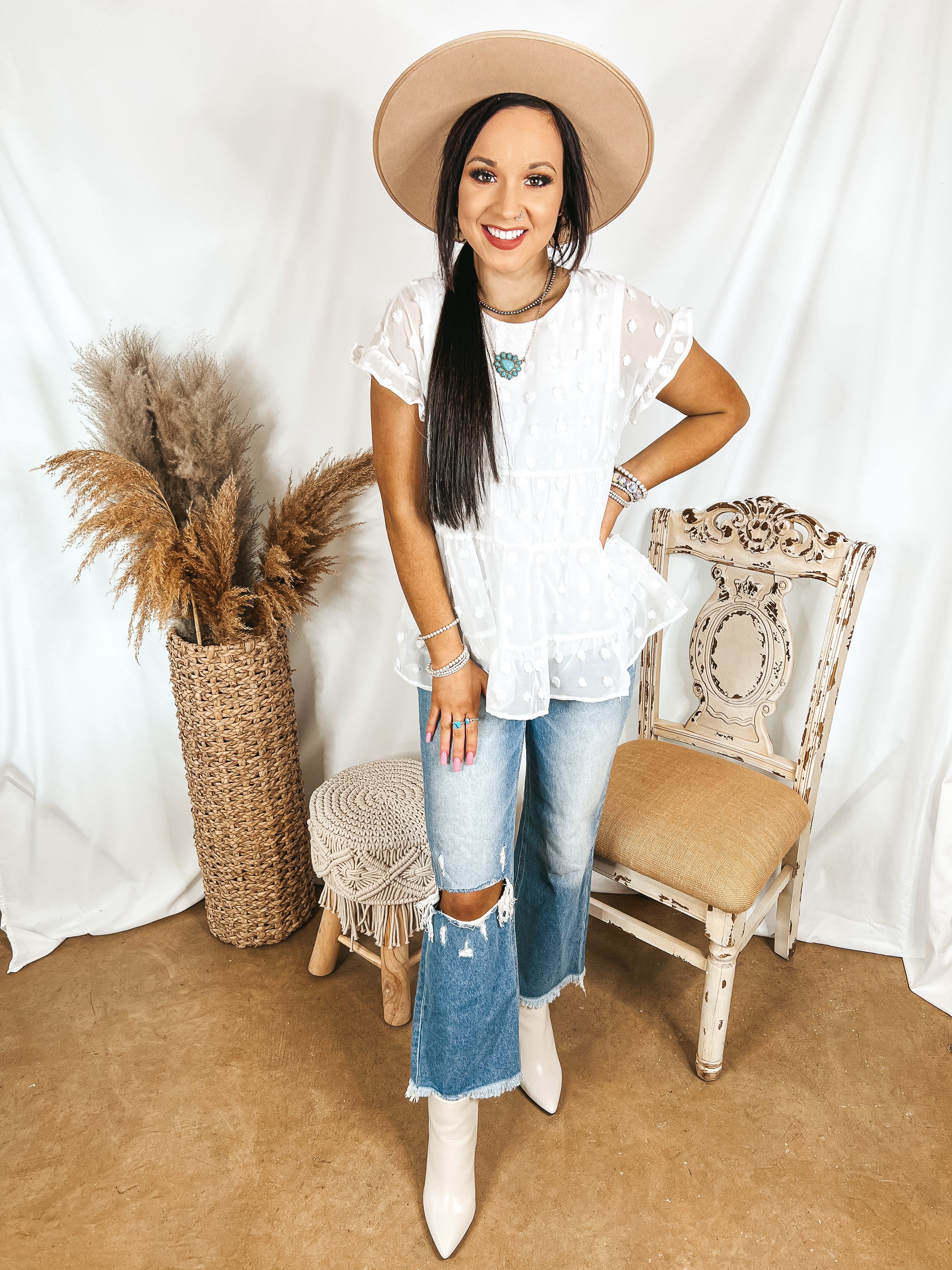 Such A Delight Tiered Swiss Dot Top with Ruffle Cap Sleeves in White - Giddy Up Glamour Boutique