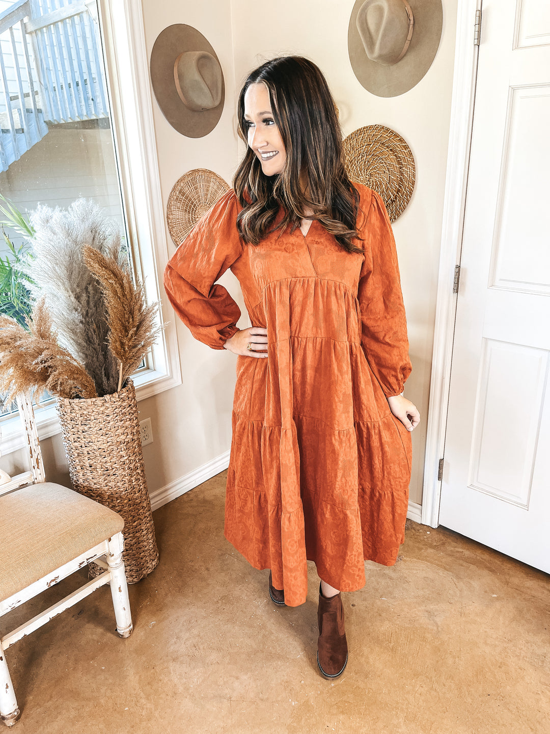 Sweet Glances Long Sleeve Tiered Midi Dress in Rust Orange - Giddy Up Glamour Boutique