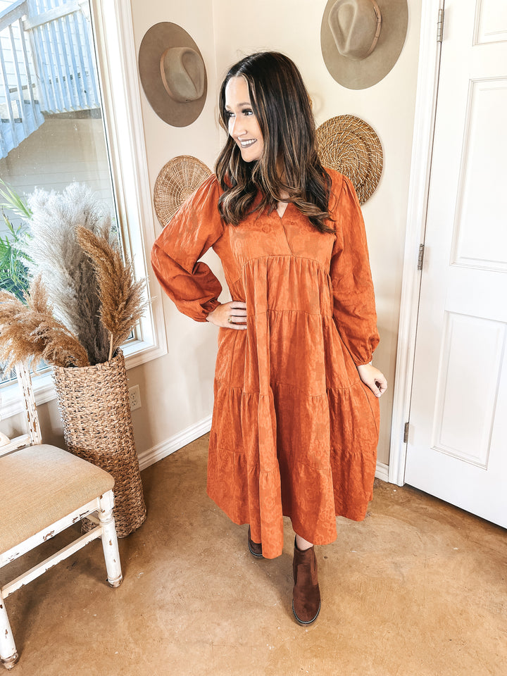 Sweet Glances Long Sleeve Tiered Midi Dress in Rust Orange - Giddy Up Glamour Boutique