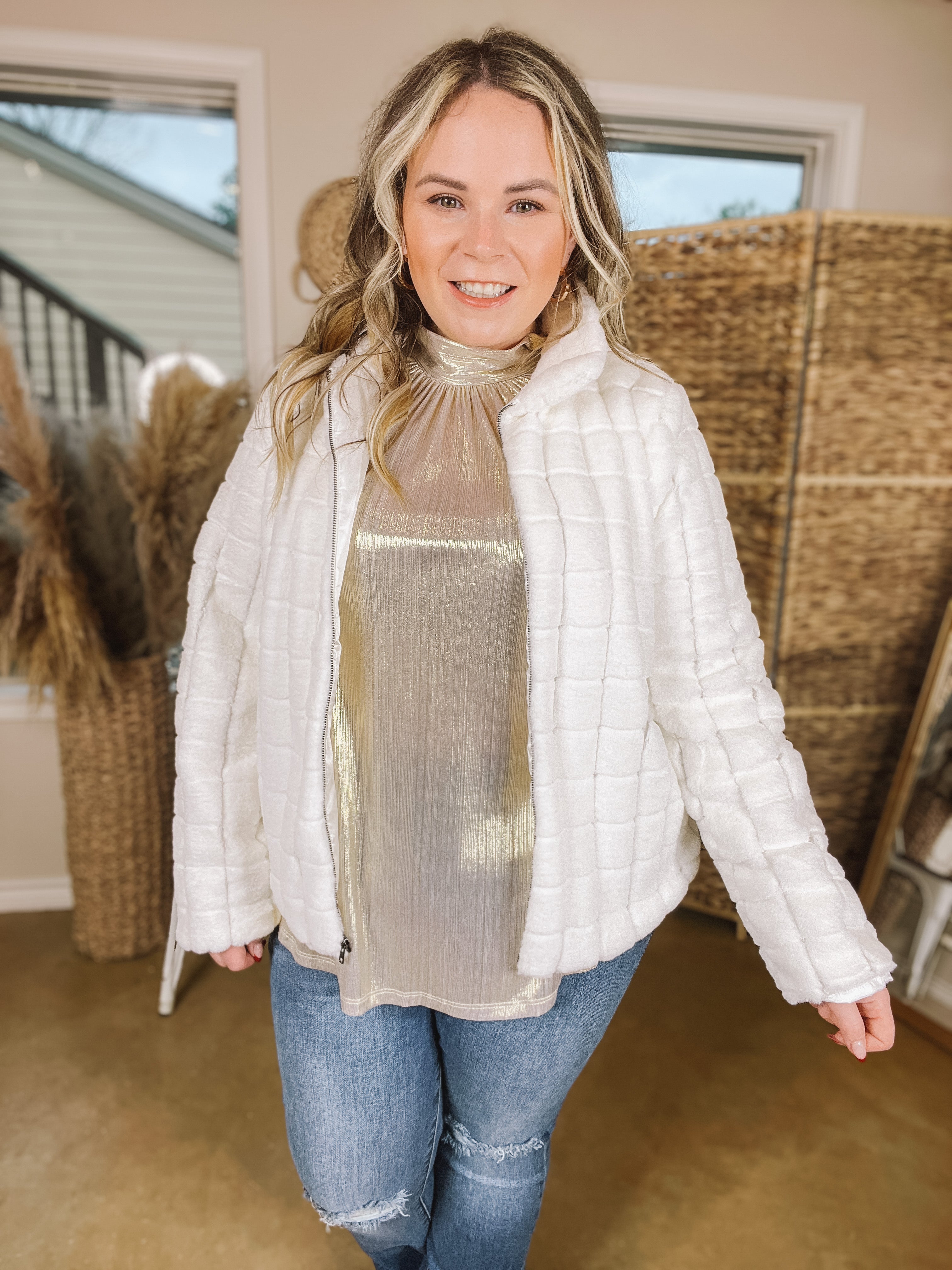 At The Top Quilted Faux Fur Jacket in Ivory - Giddy Up Glamour Boutique