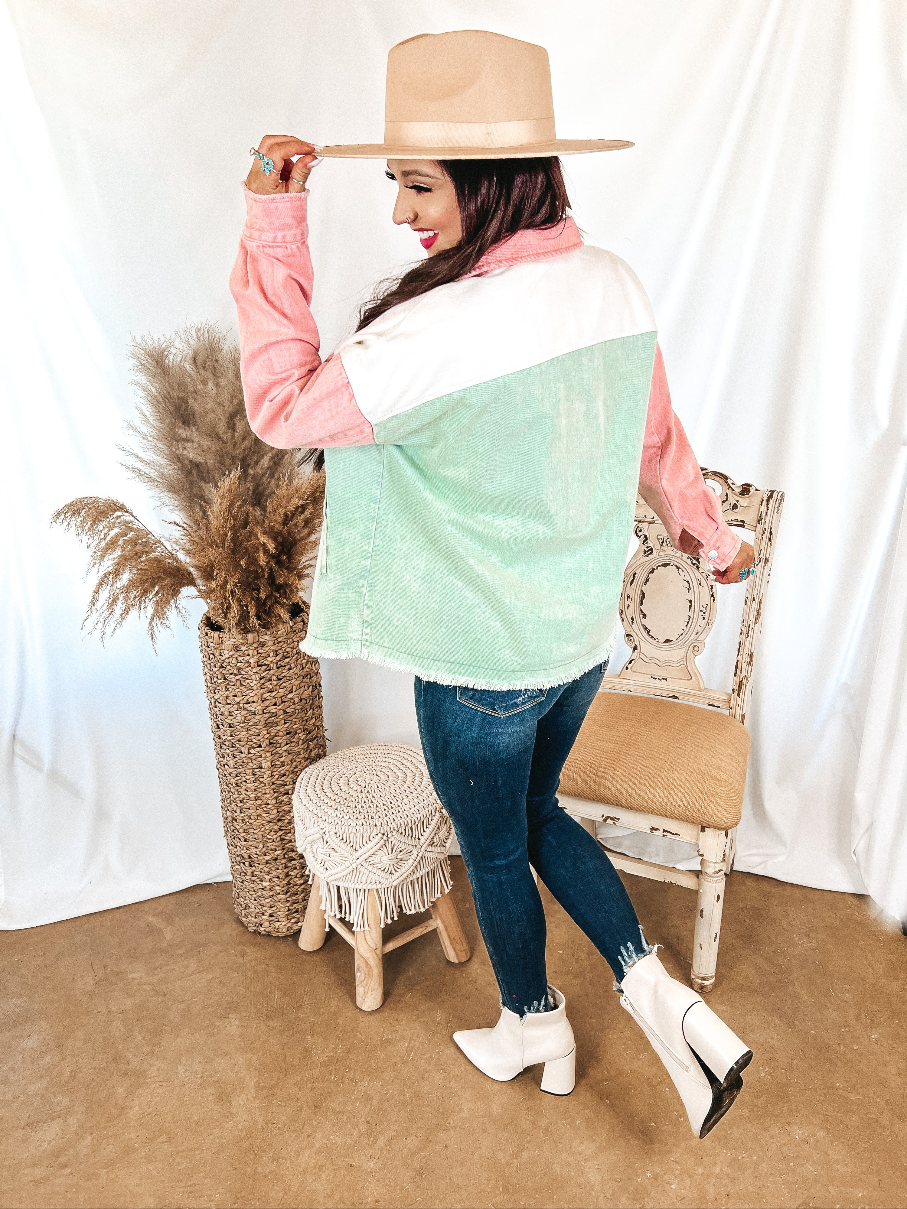 Style Mentor Color Block Button Up Jacket in Sage and Pink - Giddy Up Glamour Boutique