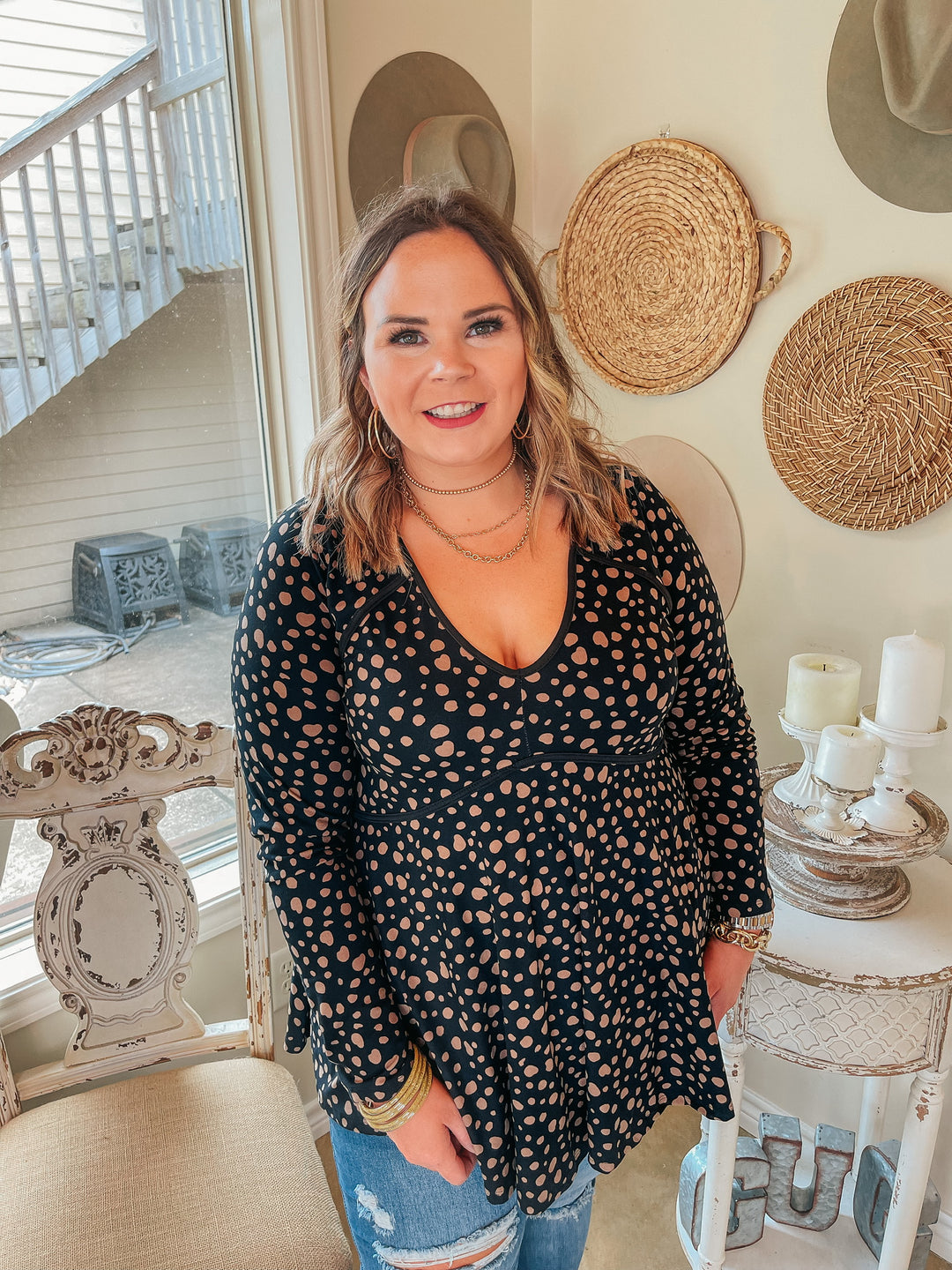 She's A Doll Long Sleeve Taupe Dotted Babydoll Top with V Neckline in Black - Giddy Up Glamour Boutique