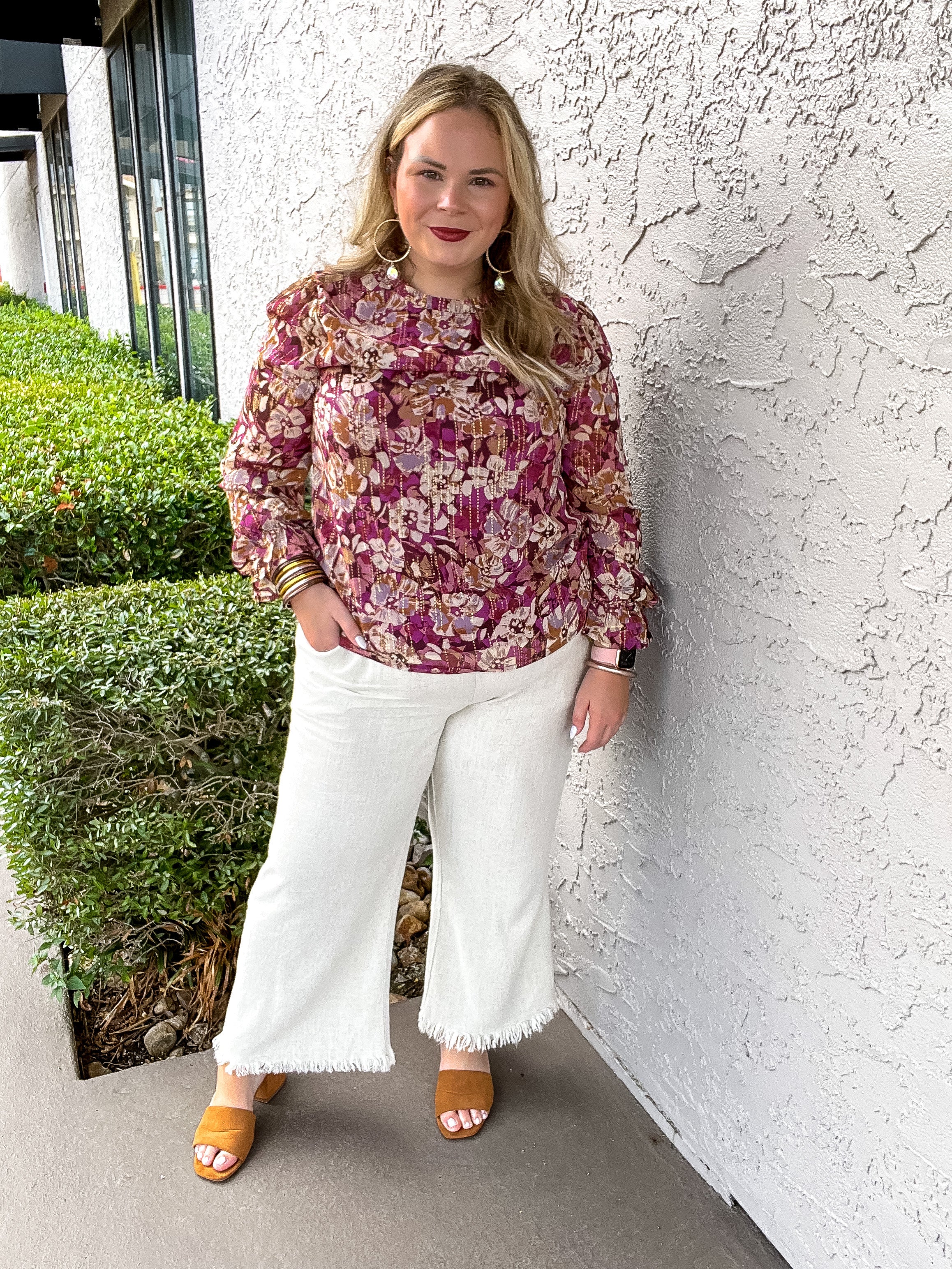 Counting Favors High Neck Floral Top with Long Sleeves in Magenta and Gold - Giddy Up Glamour Boutique