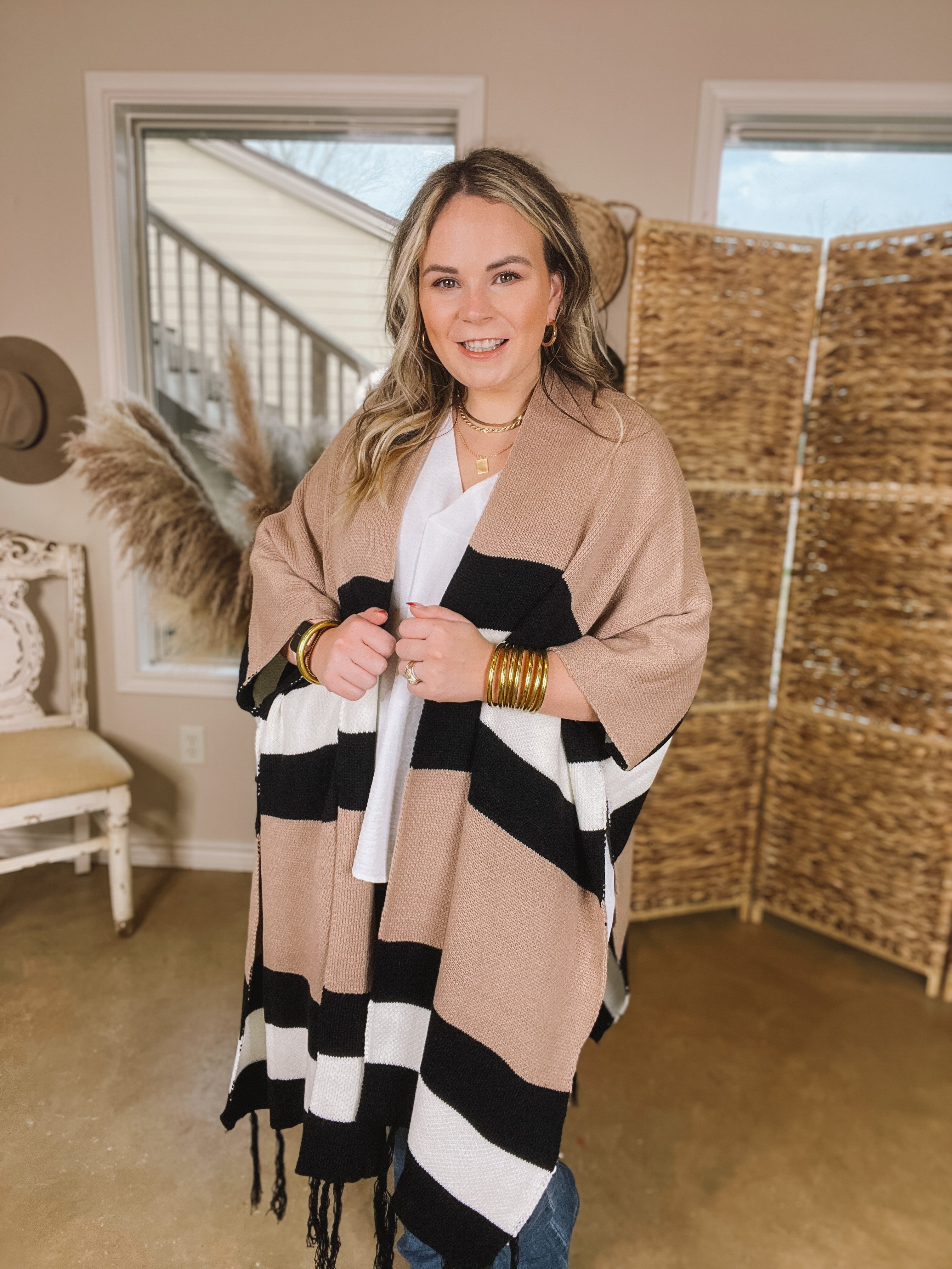 Warmest Wishes Striped Poncho Cardigan with Tassel Fringe in Mocha, Ivory, and Black - Giddy Up Glamour Boutique