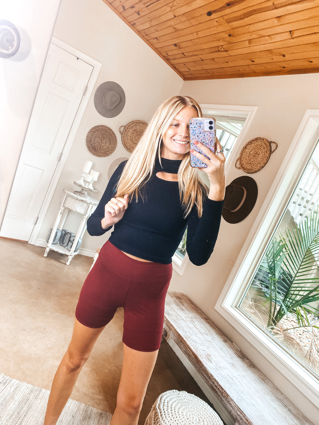 Finish Strong High Waist Biker Shorts in Maroon - Giddy Up Glamour Boutique