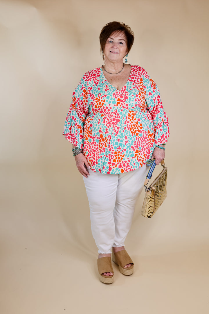 Feeling Ideal Multi Color Dotted Babydoll Top with Ruffle 3/4 Sleeves in Ivory - Giddy Up Glamour Boutique