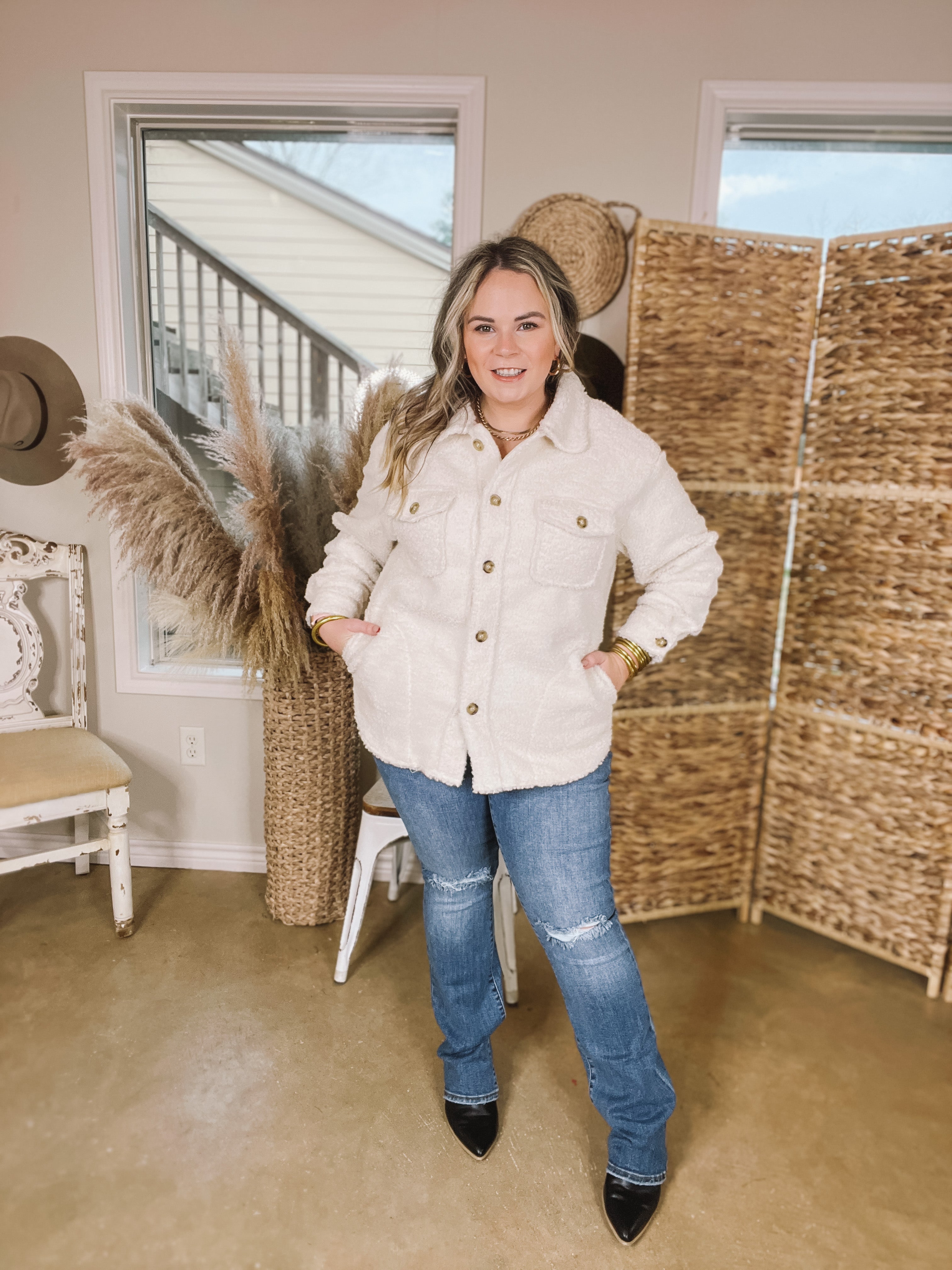Snowy Afternoon Button Up Sherpa Shacket in Ivory - Giddy Up Glamour Boutique