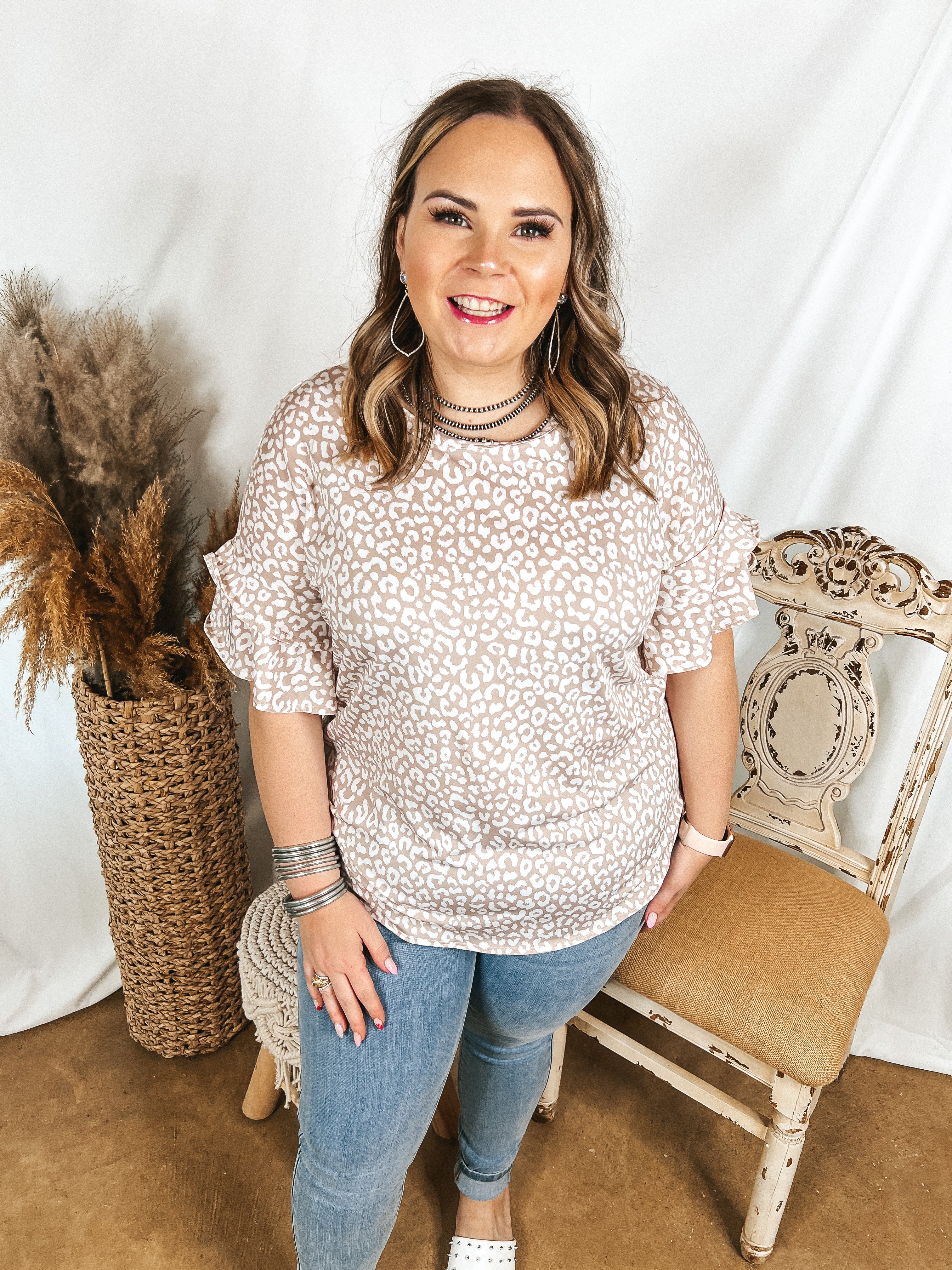 Set The Standard Short Sleeve Leopard Print Top with Ruffled Sleeves in Beige - Giddy Up Glamour Boutique