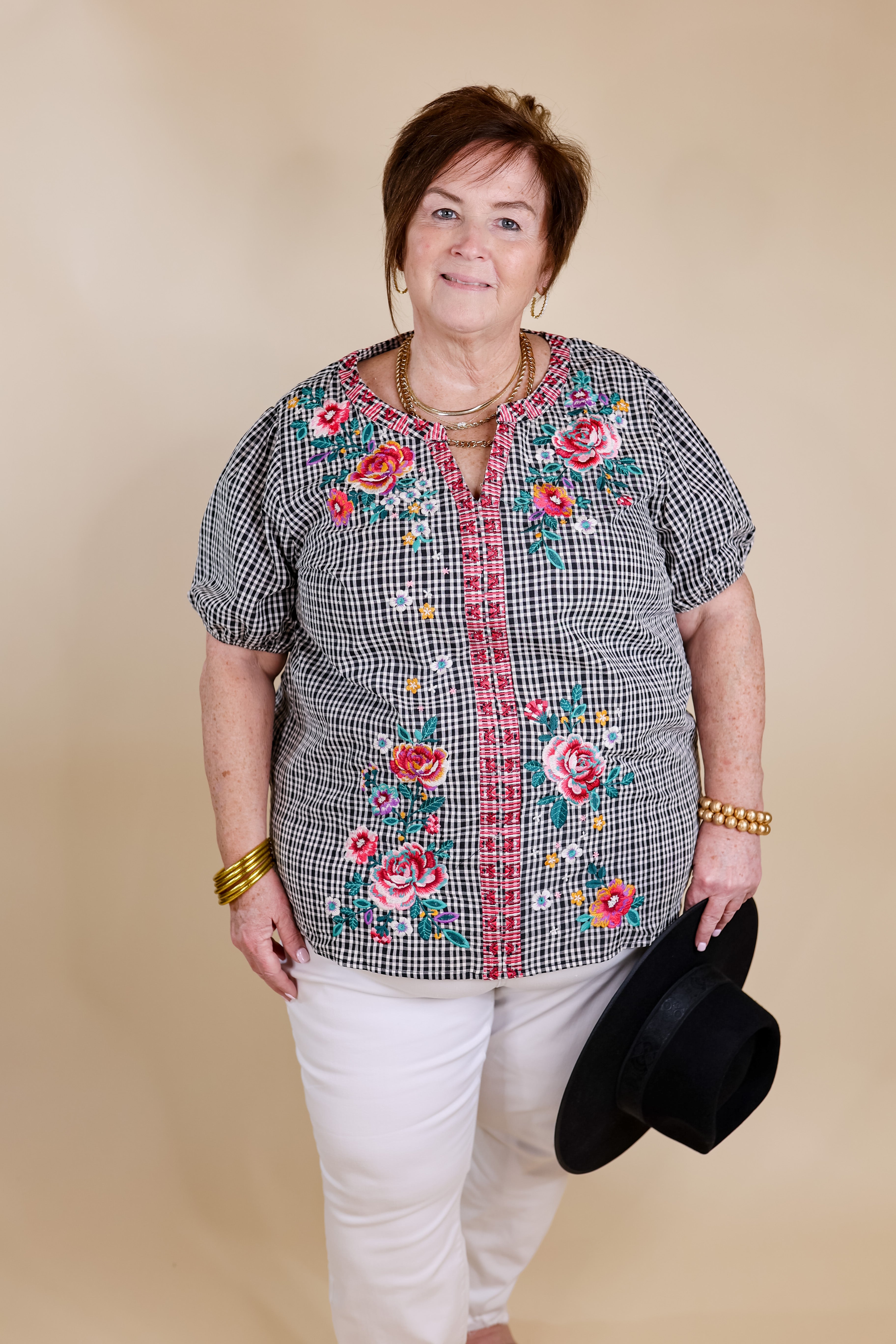 Picnic Perfect Plaid Notch Neck Top with Floral Embroidery in Black and White - Giddy Up Glamour Boutique