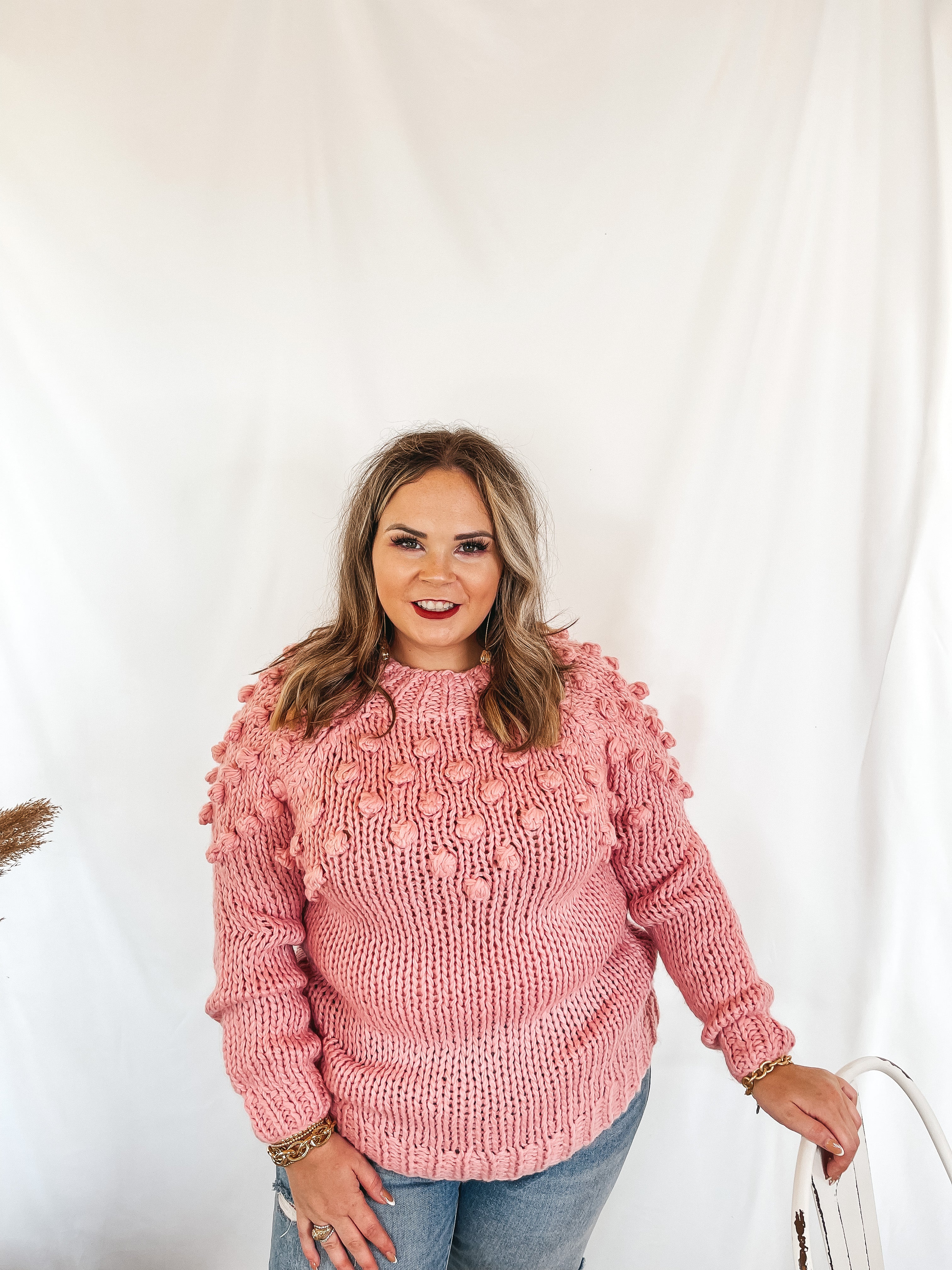Puff of Magic High Neck Sweater with Pom-Pom Upper in Pink - Giddy Up Glamour Boutique