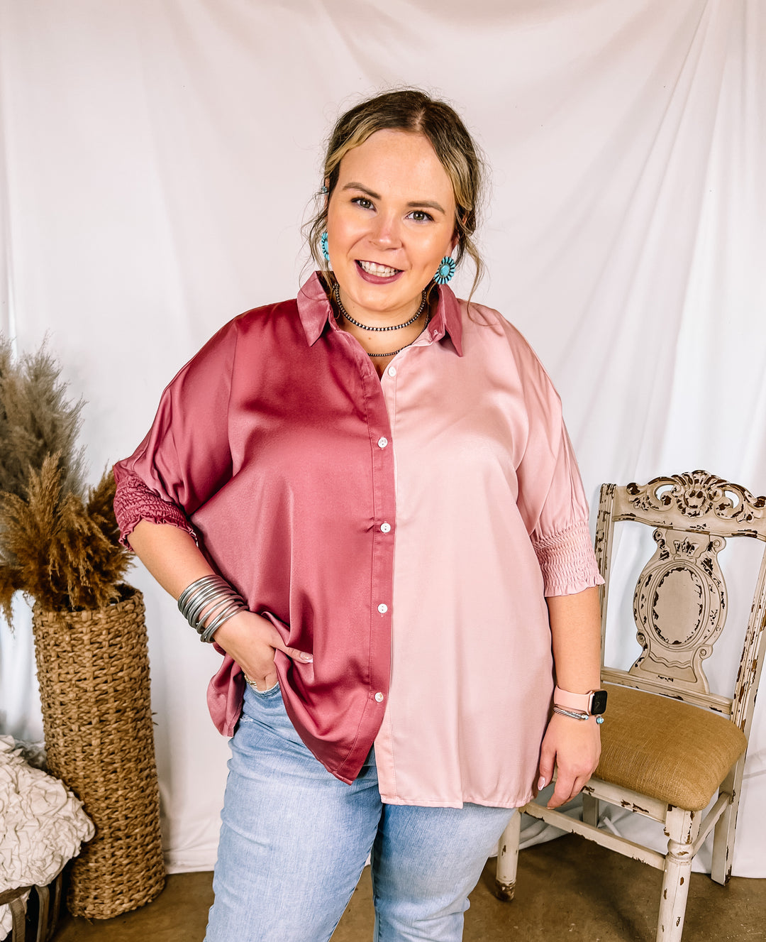 Major Glow Satin Smocked 3/4 Sleeve Button Up Blouse in Mauve and Blush Pink - Giddy Up Glamour Boutique