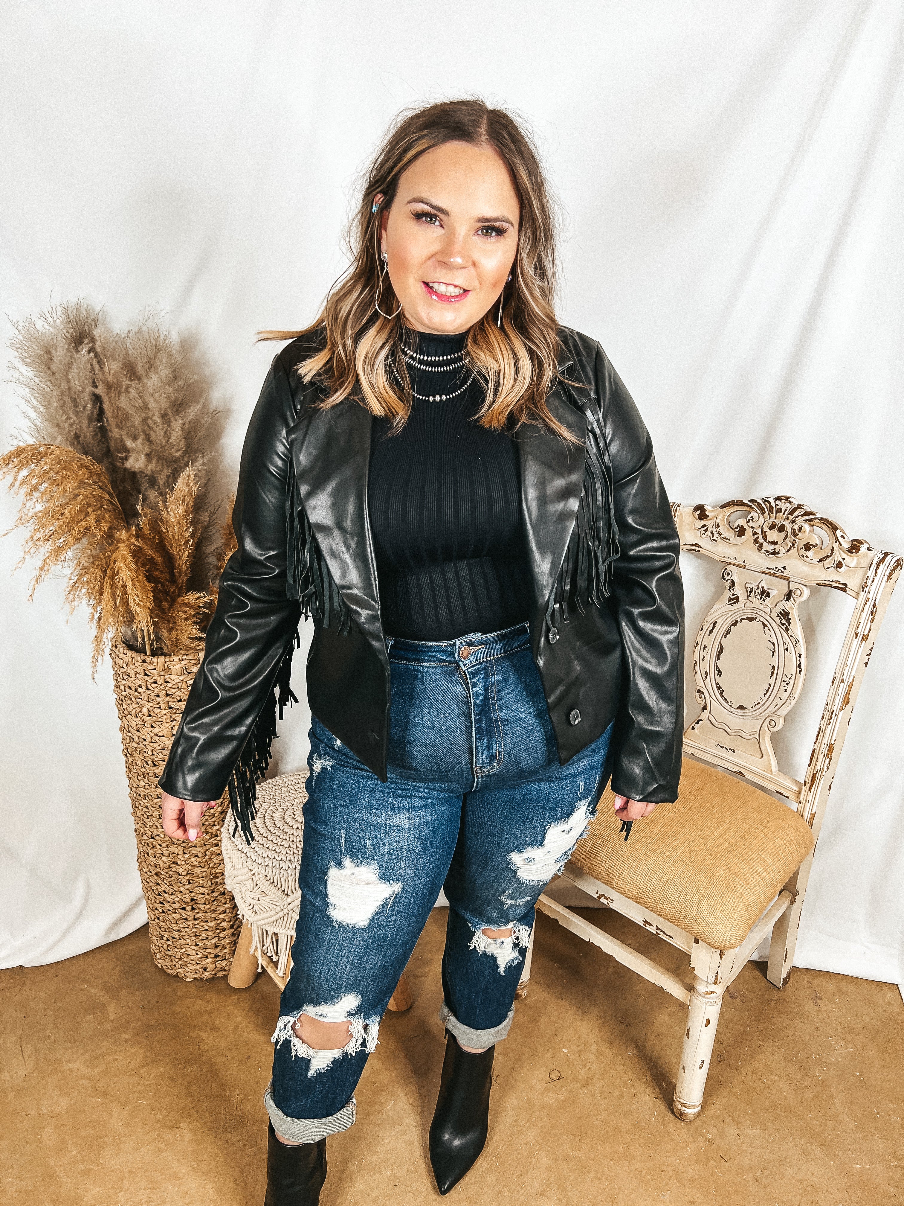 Off the Record Faux Leather Fringe Jacket in Black - Giddy Up Glamour Boutique