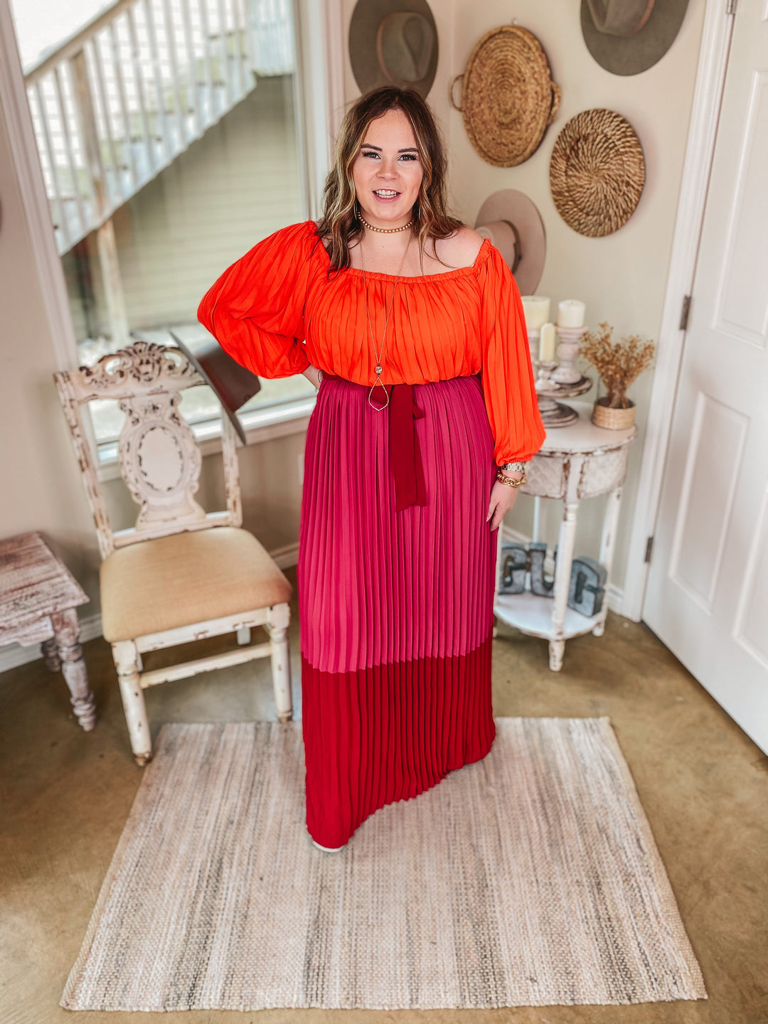 Last Chance Size Small & Medium | Walk On The Bright Side Pleated Off the Shoulder Color Block Maxi Dress in Pink - Giddy Up Glamour Boutique