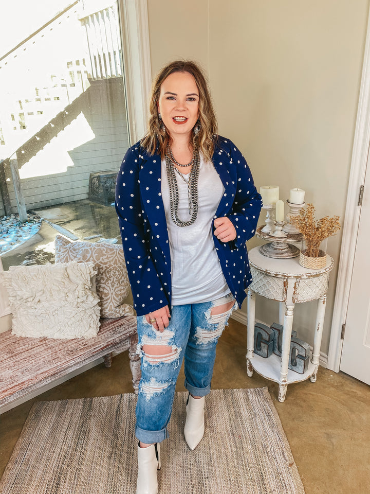 Out Of Office Polka Dot Open Front Blazer with Long Sleeves in Navy - Giddy Up Glamour Boutique