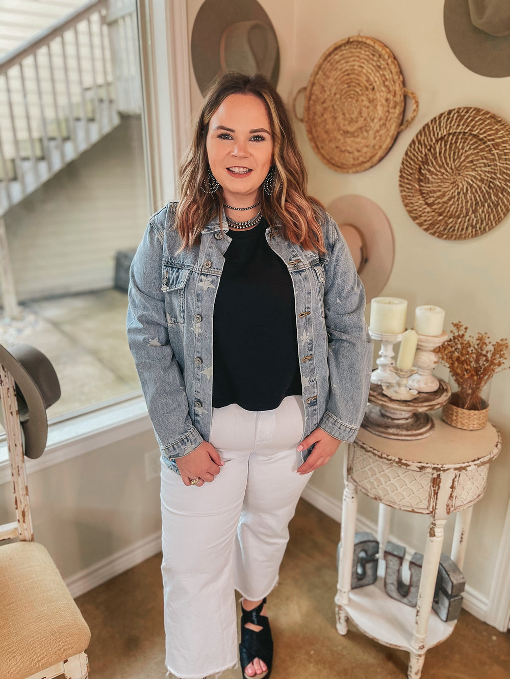 Star Sign Button Up Denim Jacket with Stars in Light Wash - Giddy Up Glamour Boutique