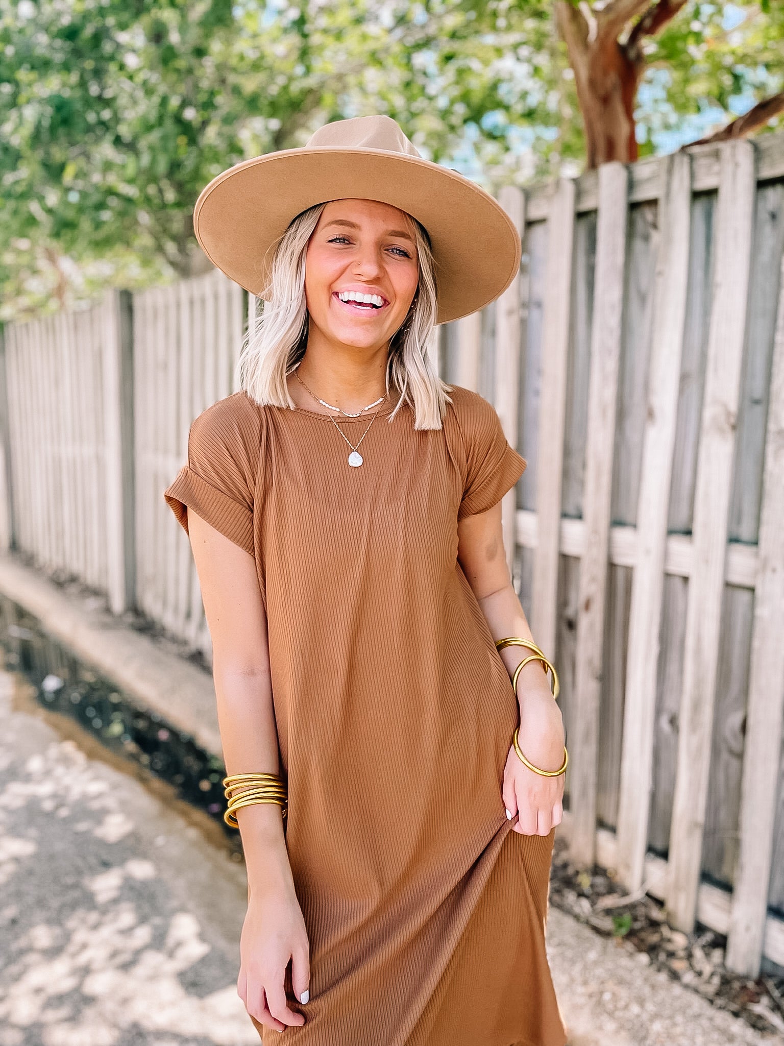 Chill Looks Short Sleeve Thin Ribbed Midi Dress in Caramel Brown - Giddy Up Glamour Boutique