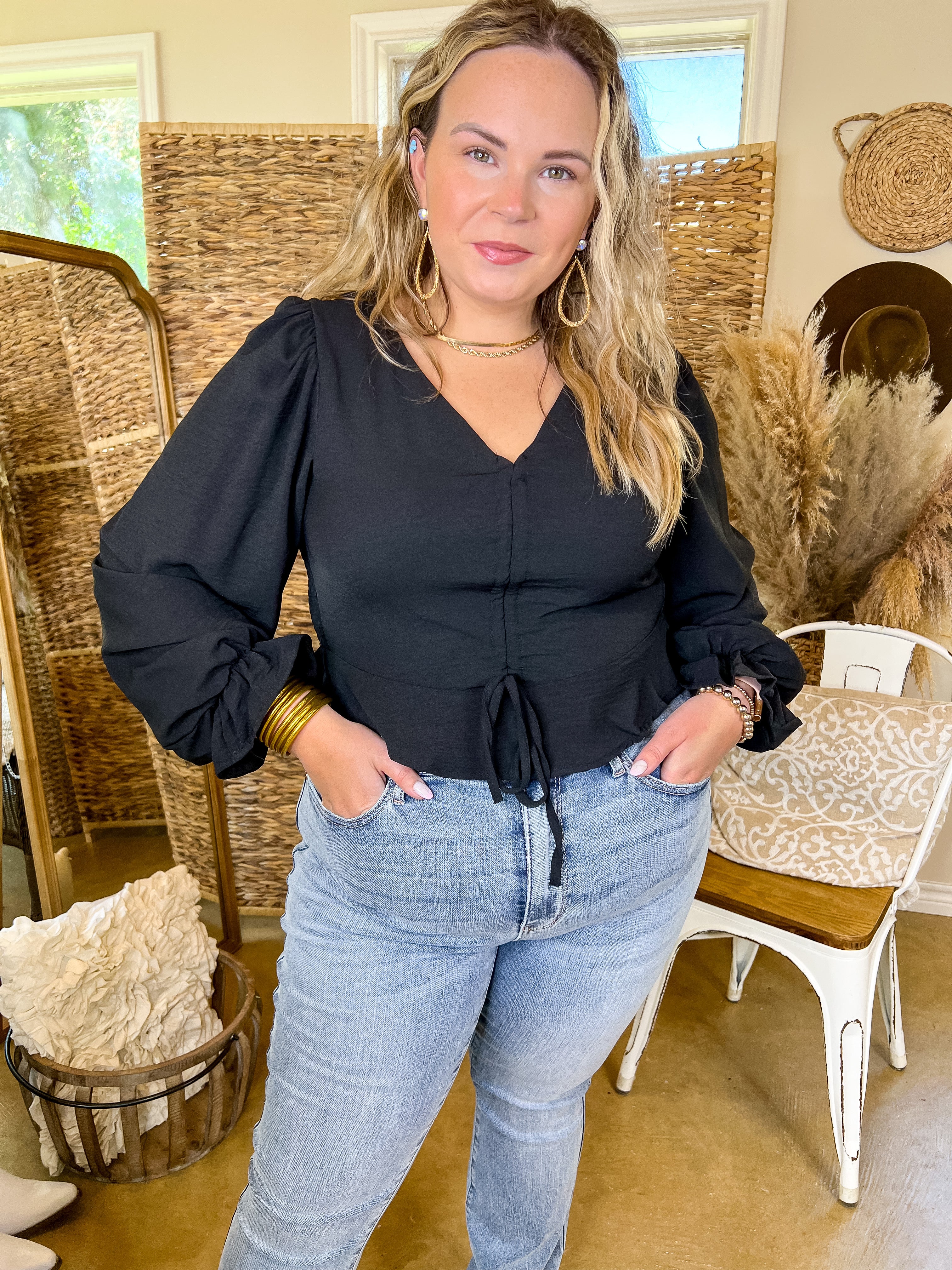 Authentic Aura Ruched Front Peplum Crop Top with Long Sleeves in Black - Giddy Up Glamour Boutique