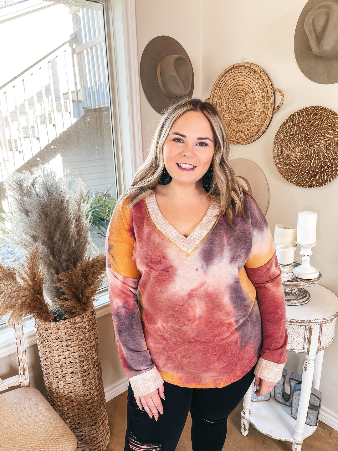 Last Chance Size Small | Stay and Chat Waffle Knit Trim Tie Dye Top in Mustard and Purple - Giddy Up Glamour Boutique