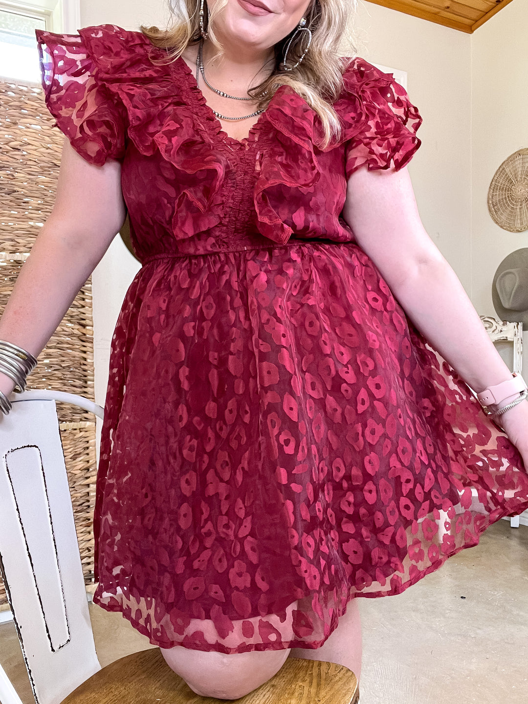 Welcome To Hollywood Sheer Leopard Print Dress with Ruffle Detail in Maroon - Giddy Up Glamour Boutique