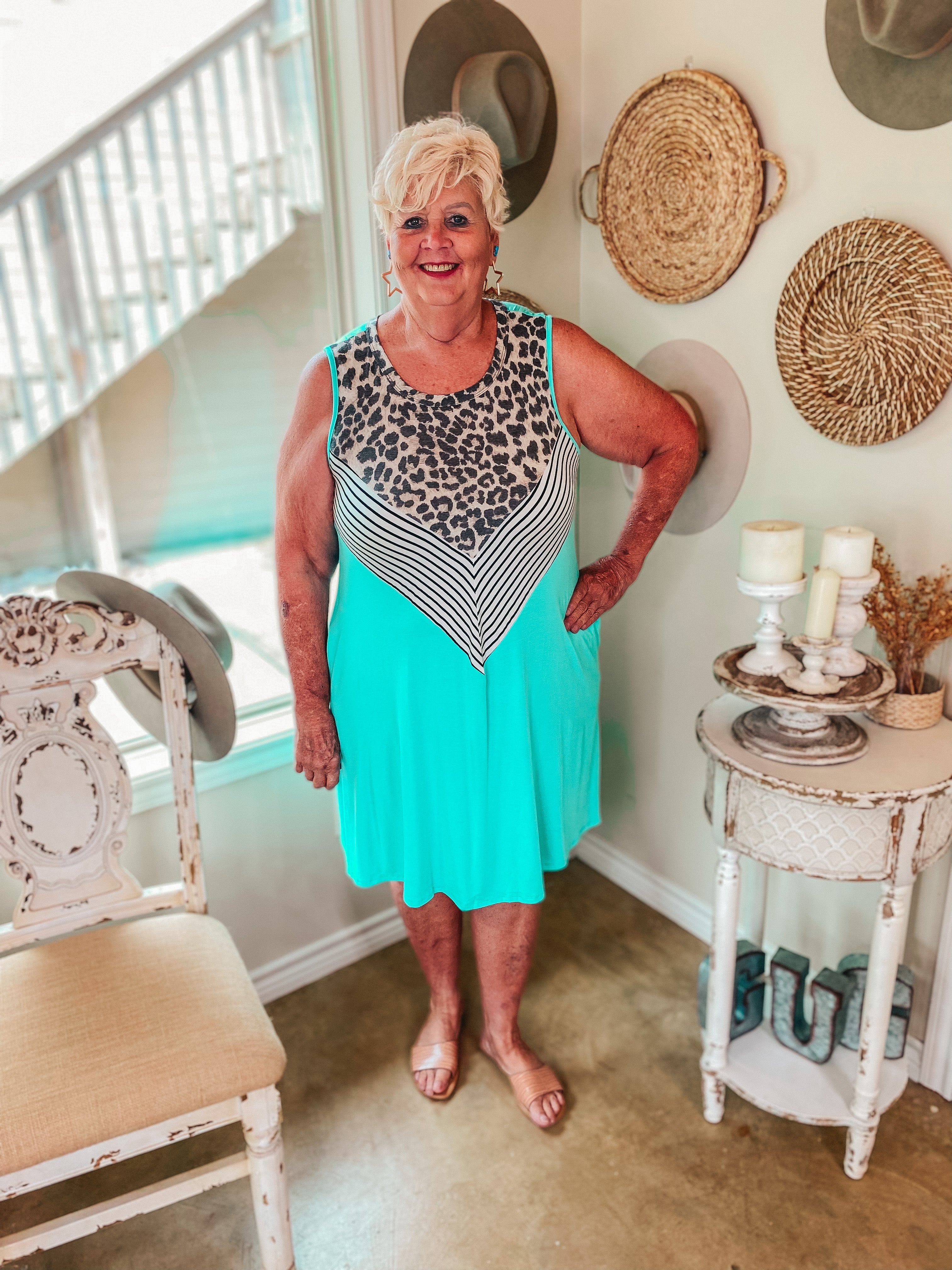 Pretty in Prints Leopard and Striped Tank Top Dress in Mint - Giddy Up Glamour Boutique