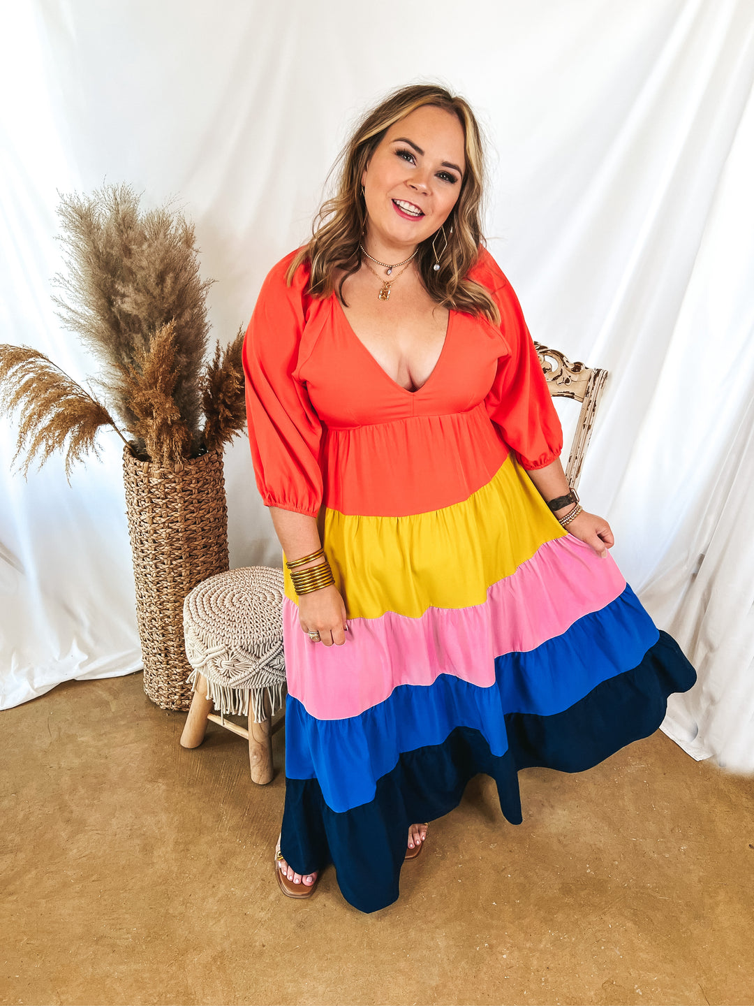 Coral Reef V Neck Striped Maxi Dress in Coral Orange Mix - Giddy Up Glamour Boutique