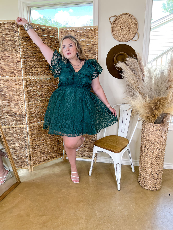 Welcome To Hollywood Sheer Leopard Print Dress with Ruffle Detail in Emerald Green - Giddy Up Glamour Boutique