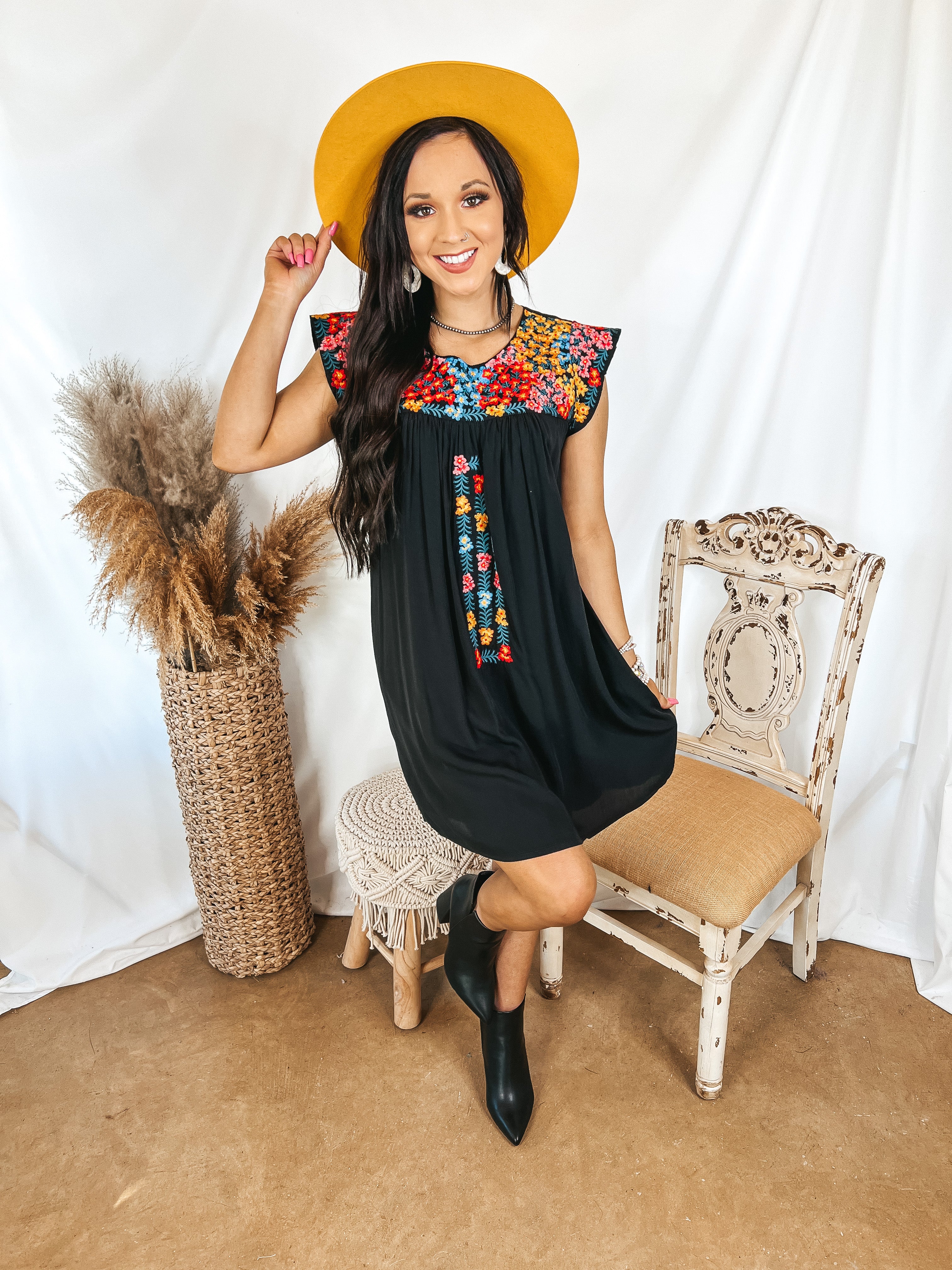 Headed For Happy Floral Embroidered Cap Sleeve Dress in Black - Giddy Up Glamour Boutique