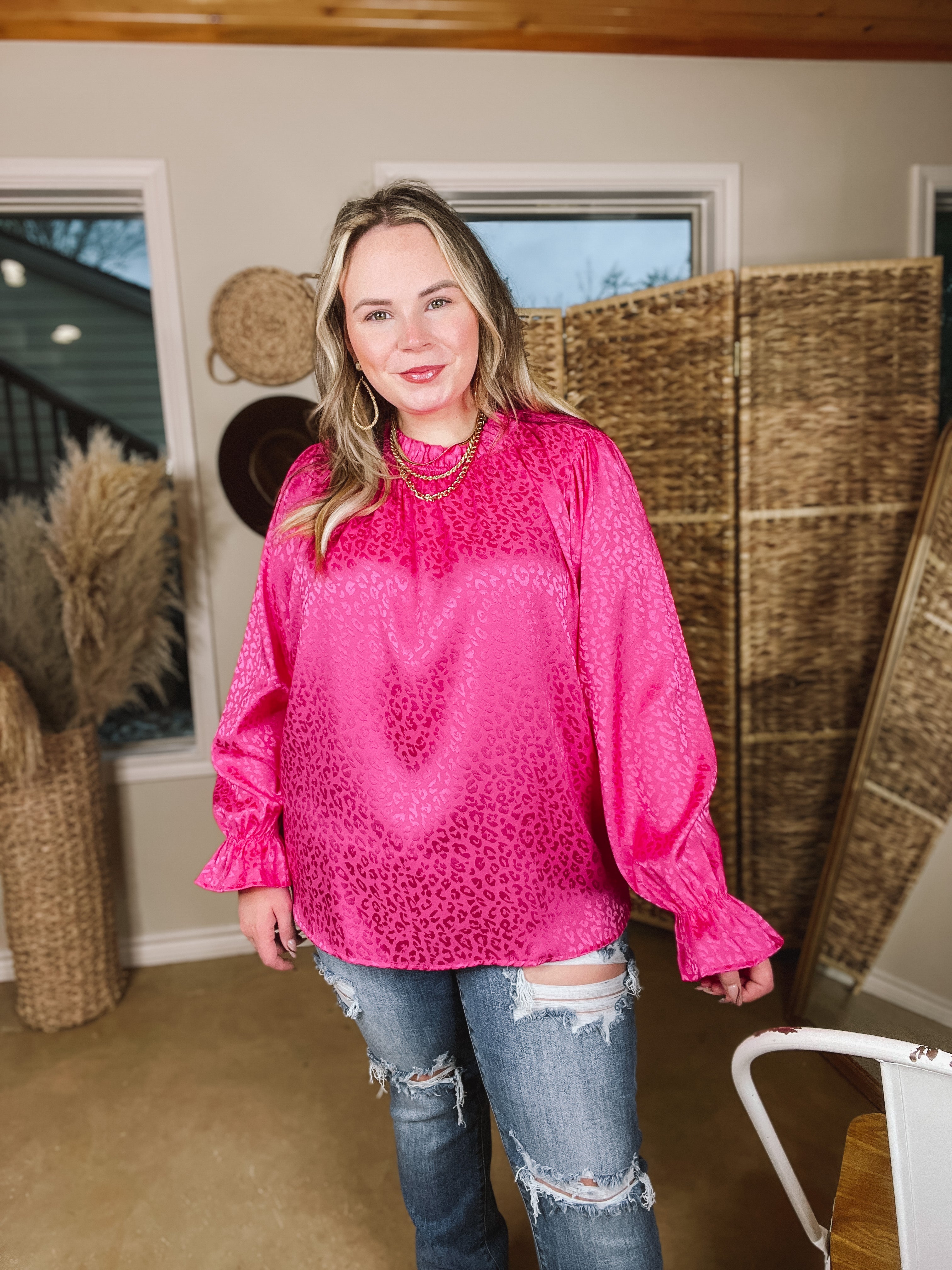Mood Setter Ruffle Mock Neck Long Sleeve Leopard Print Satin Top in Hot Pink - Giddy Up Glamour Boutique