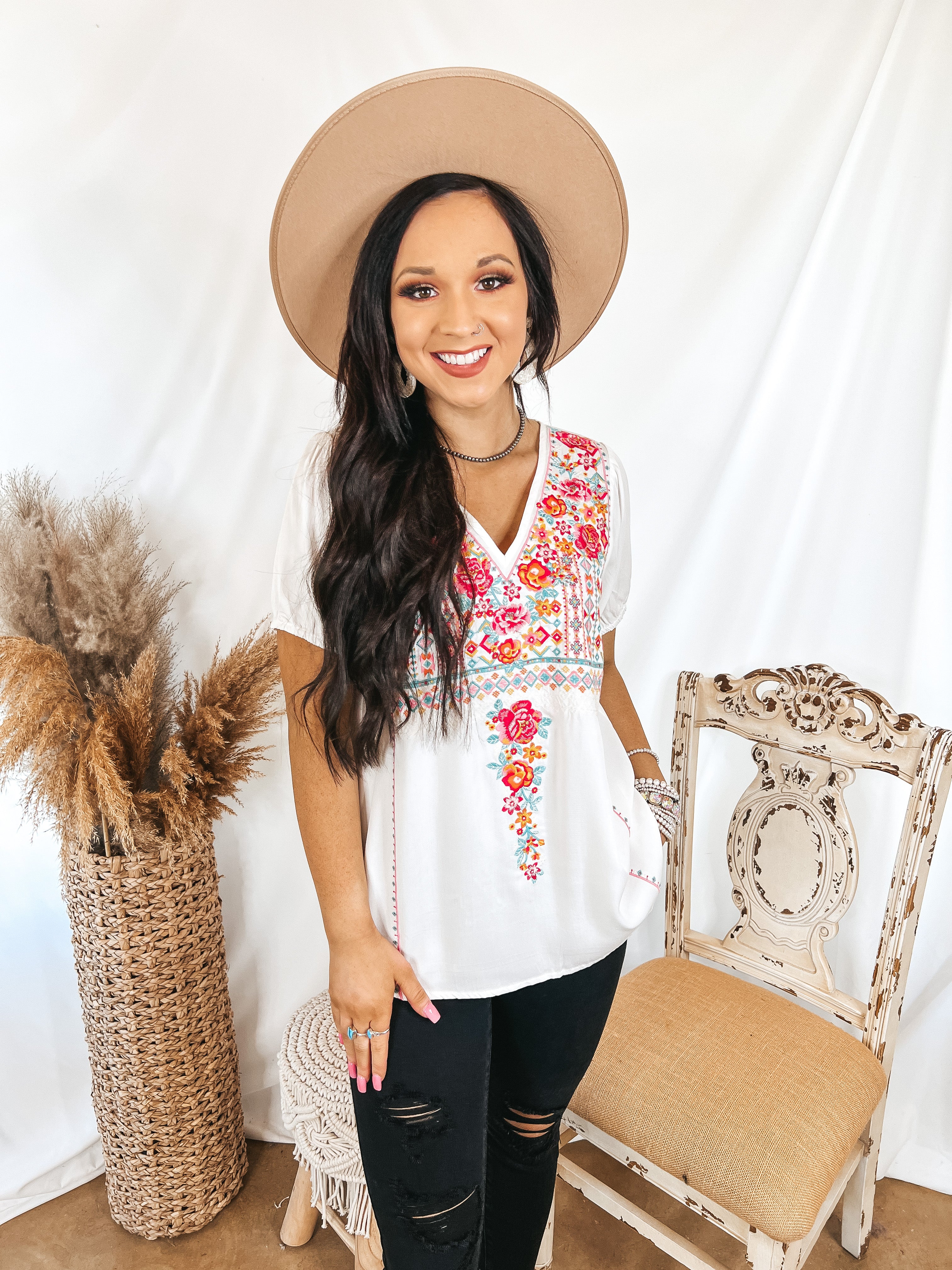 Think About Me Embroidered V Neck Top with Short Sleeves in White - Giddy Up Glamour Boutique