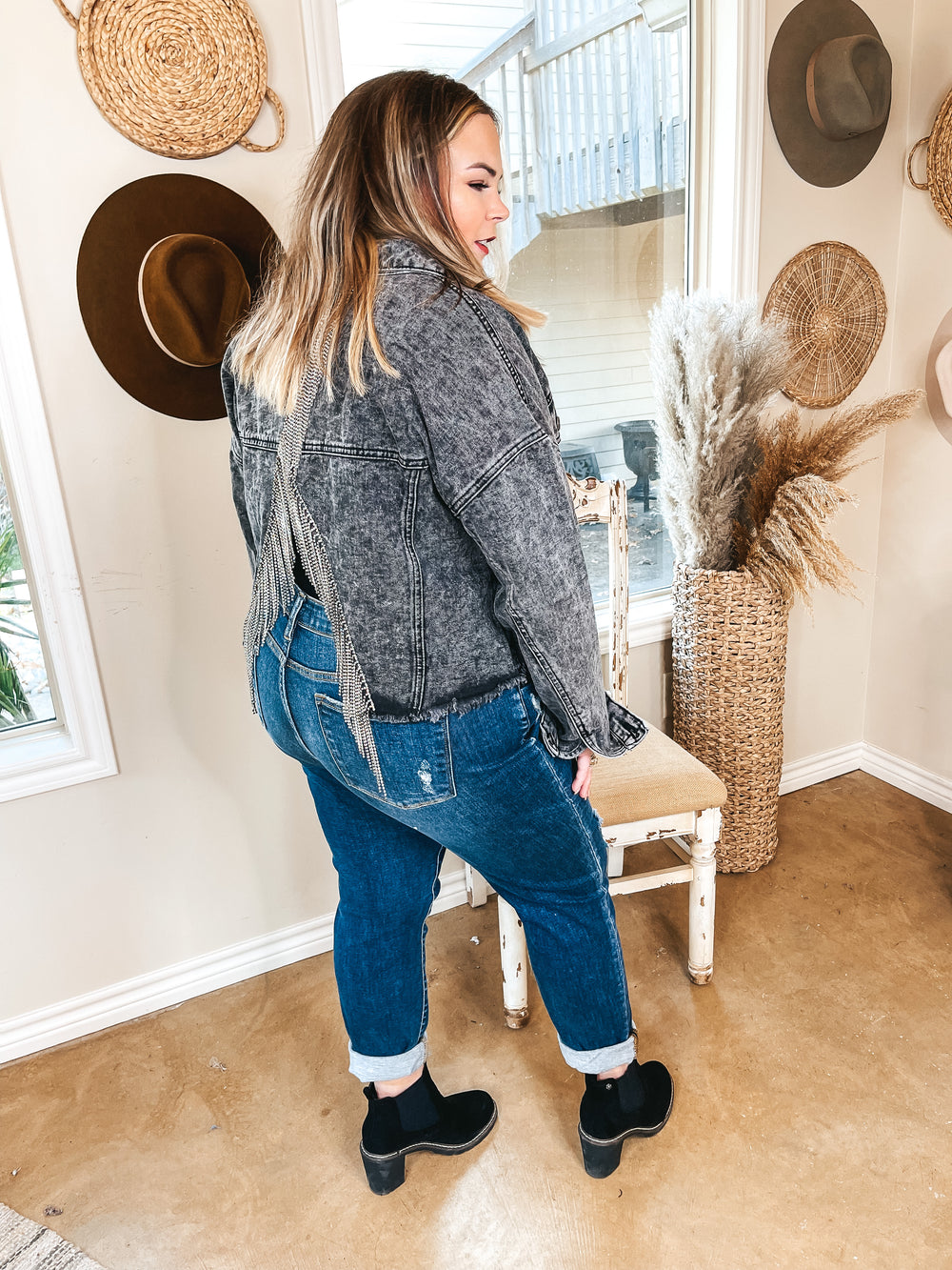 Nashville Nightlife Crystal Fringe Cropped Denim Jacket in Black Wash - Giddy Up Glamour Boutique