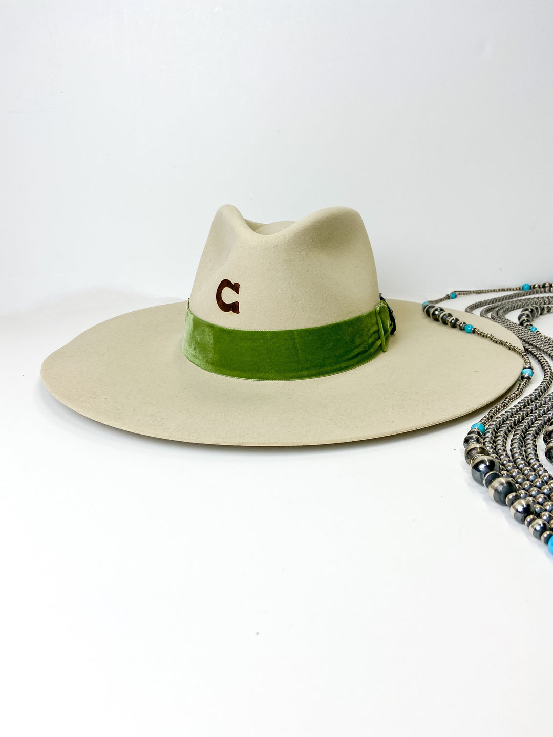 Charlie 1 Horse | Shiloh Wool Felt Hat with Green Velvet Band and Silver Concho in Ivory - Giddy Up Glamour Boutique