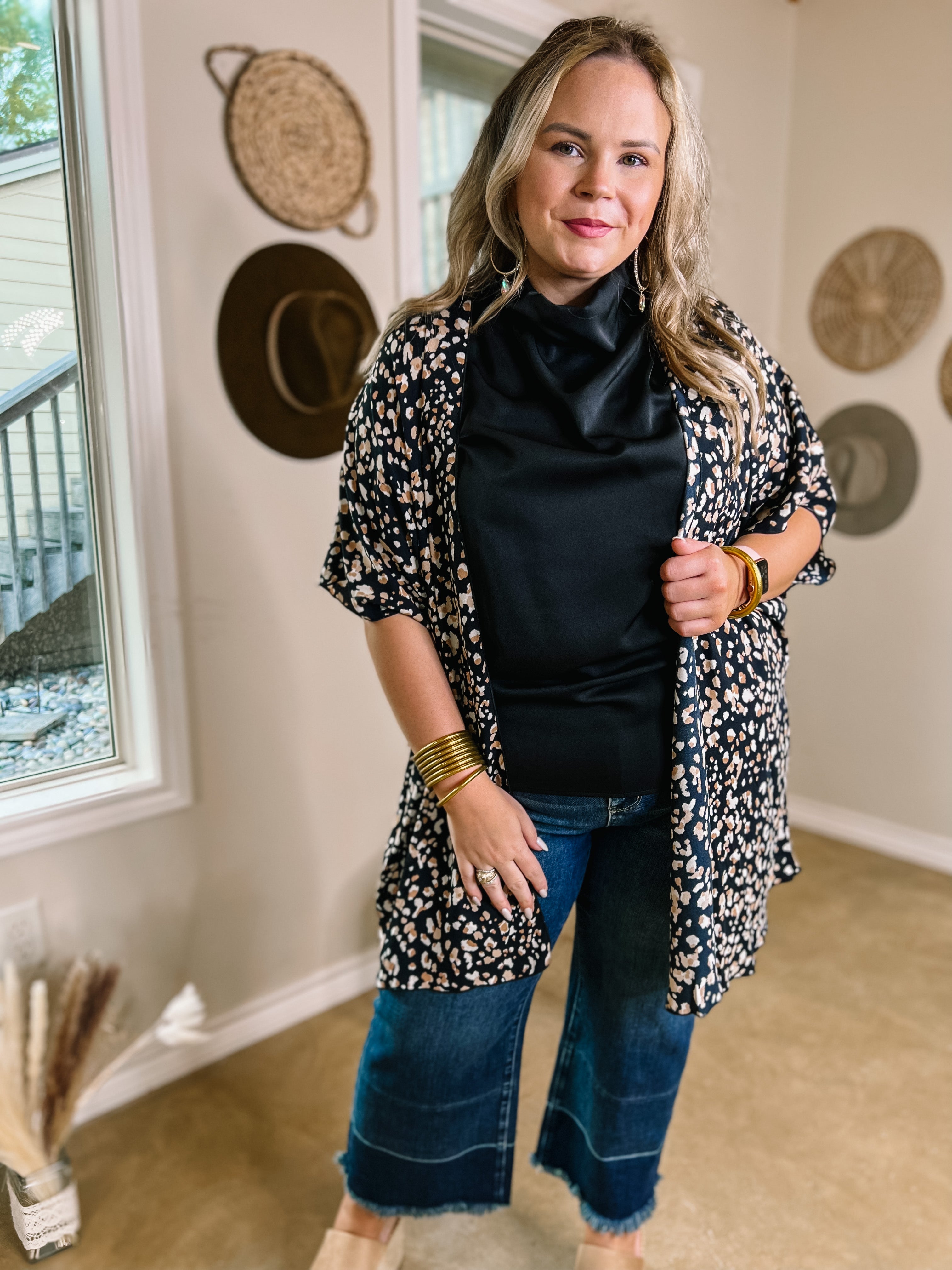 Chic State Leopard Print Kimono with Drop Sleeves in Black - Giddy Up Glamour Boutique