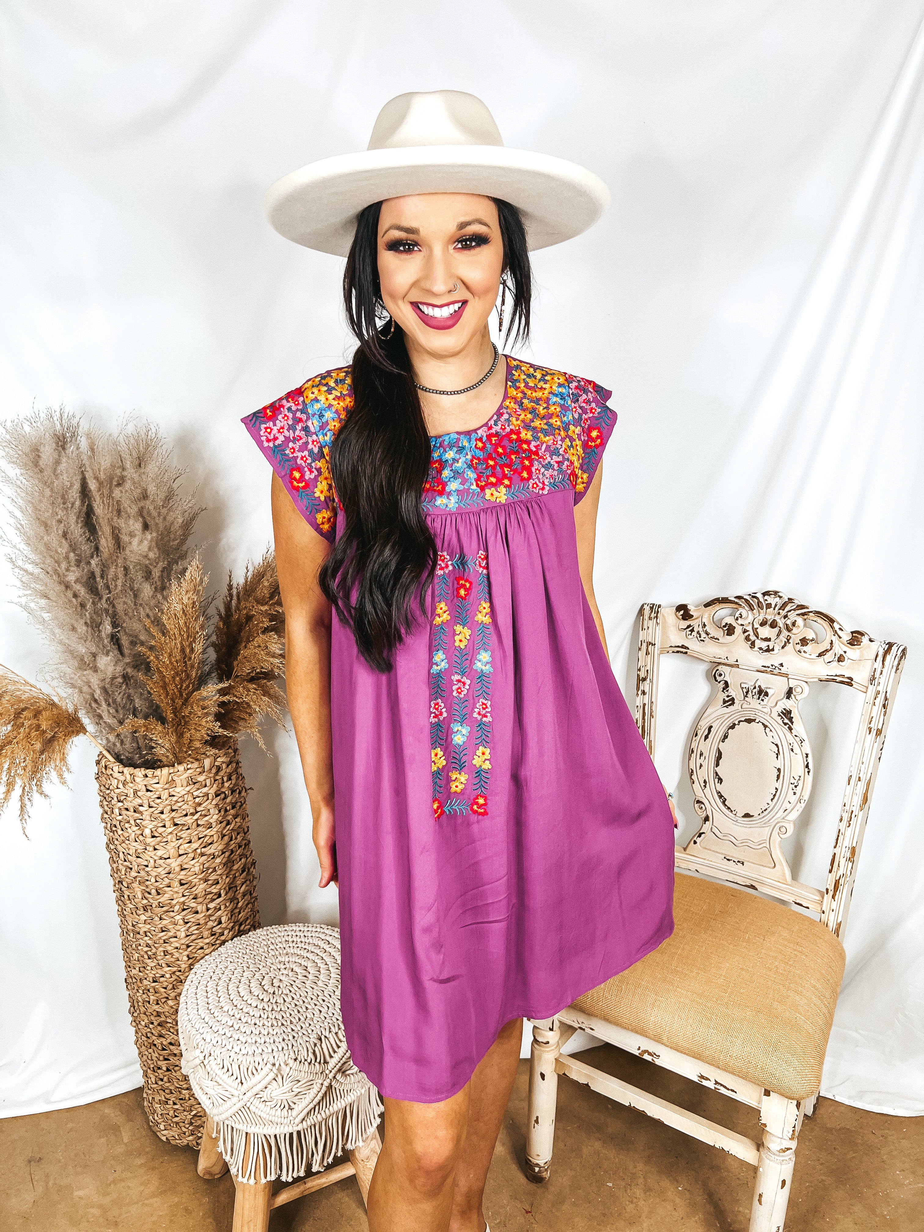 Headed For Happy Floral Embroidered Cap Sleeve Dress in Magenta Purple - Giddy Up Glamour Boutique