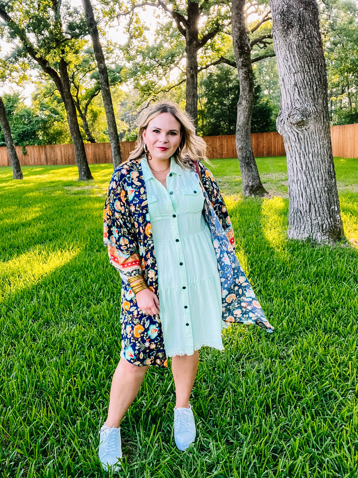 Hard To Leave Side Slit Floral Kimono in Navy Blue - Giddy Up Glamour Boutique