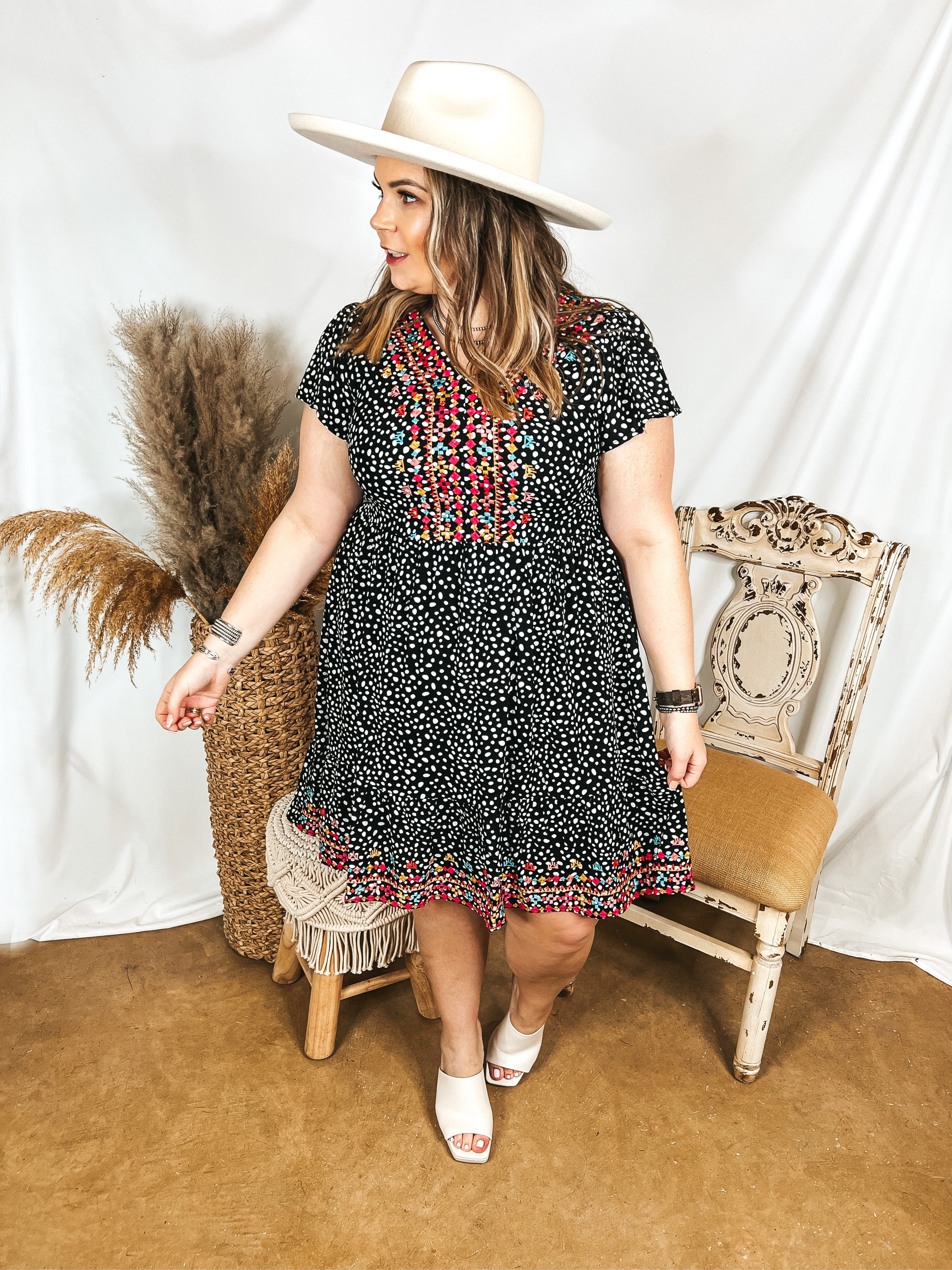 Looking Good Feeling Better Spotted Dress with Colorful Embroidery in Black - Giddy Up Glamour Boutique